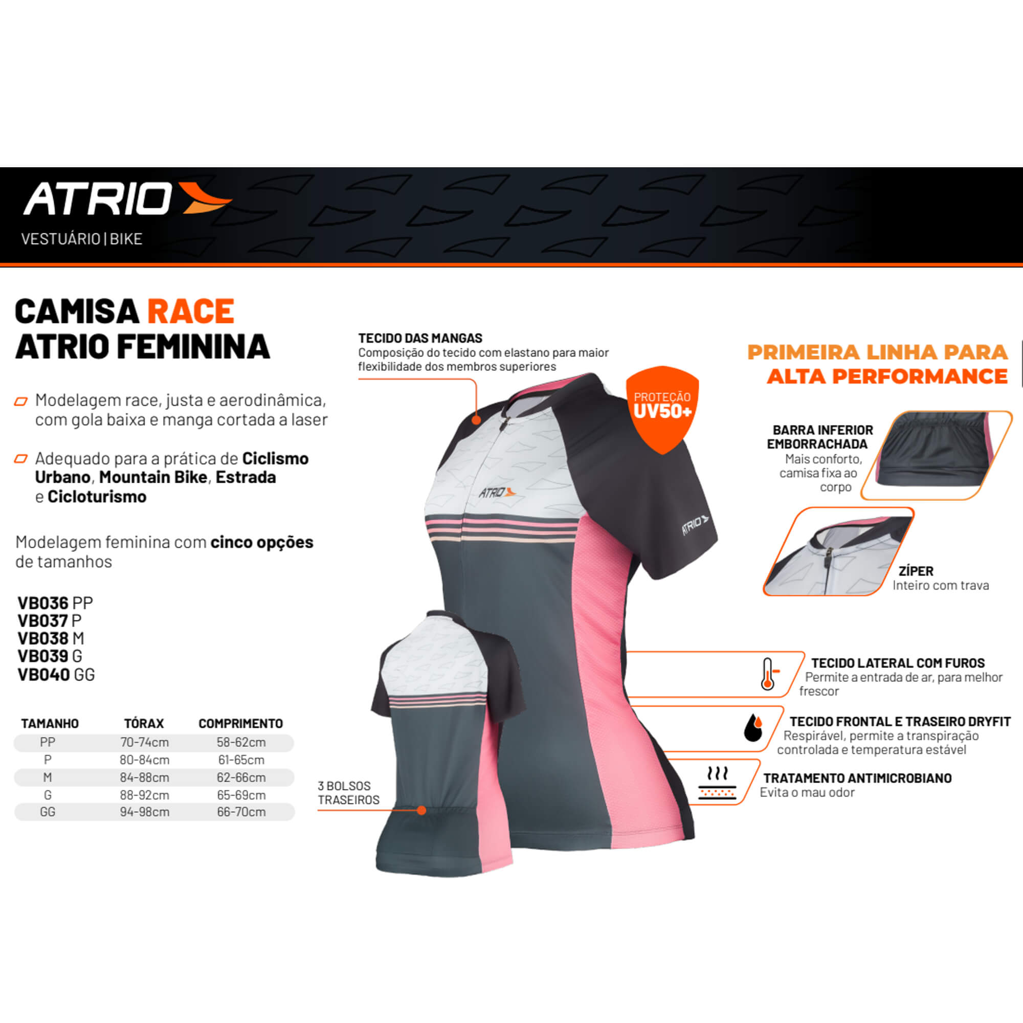 Camisa De Ciclismo Race Feminino Tamanho G Dryfit Evita o Mau Odor, UV50+ Preto/Rosa Atrio - VB039