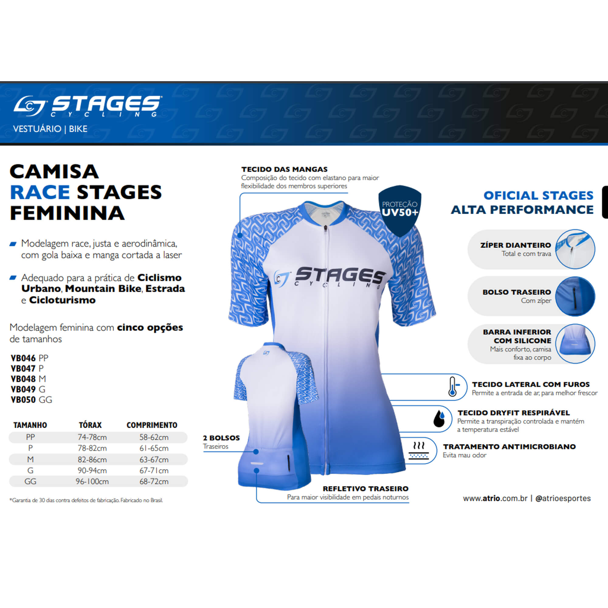 Camisa de Ciclismo Masculina XG DryFit, Zíper com Trava, UV50+ Stages Race Azul/Branco Atrio-VB045