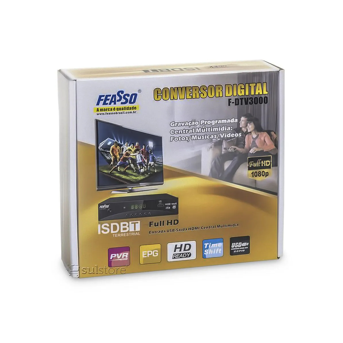 Conversor de TV Digital Full HD Função Gravador com Multimídia Feasso - F-DTV3000