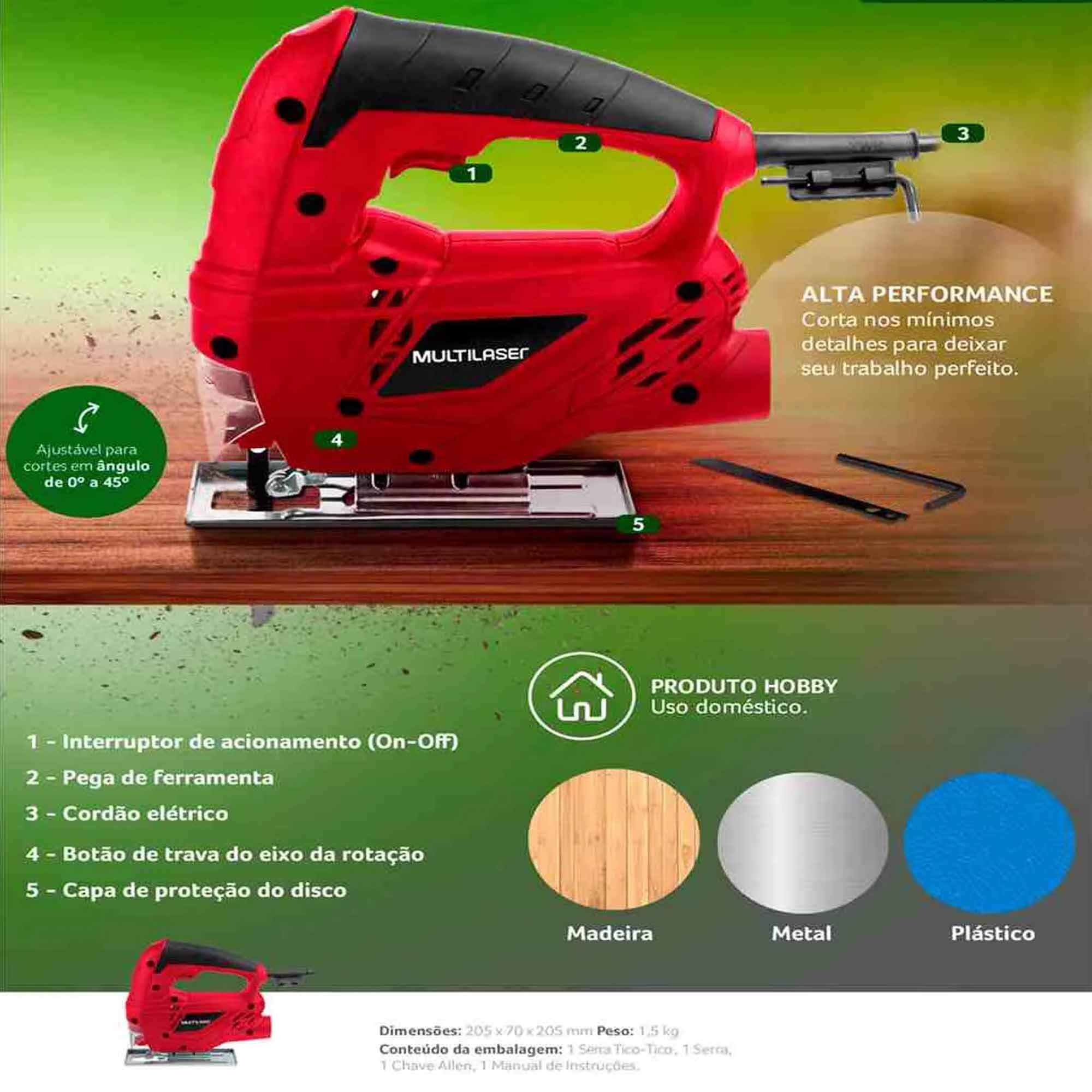 Serra Tico Tico com Lâmina para Madeira e Base Ajustável 500W 220 Vermelha Multilaser- HO047