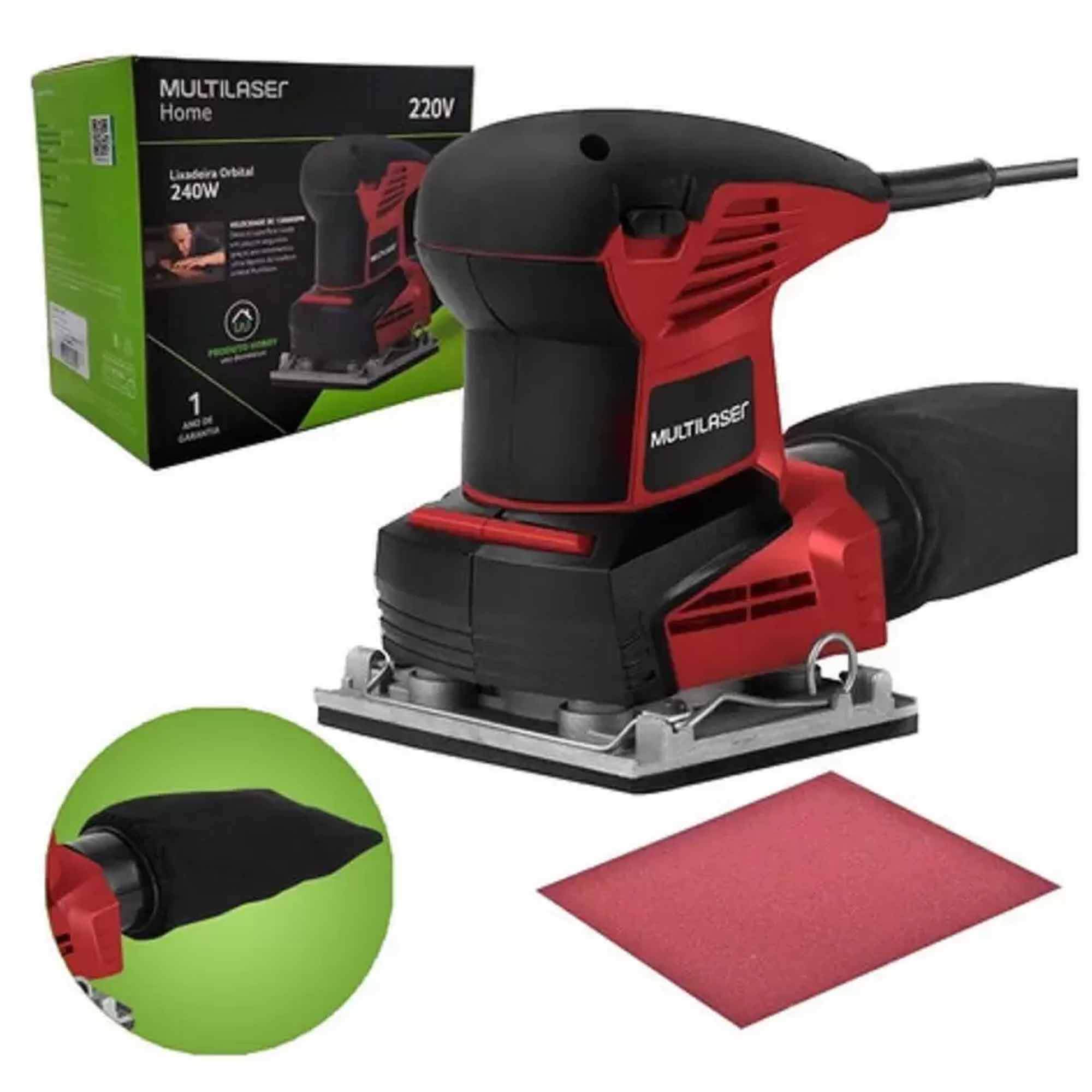 Lixadeira Orbital Portátil 240W 110V Vermelha Ferramenta Construção Potente Multilaser - HO054
