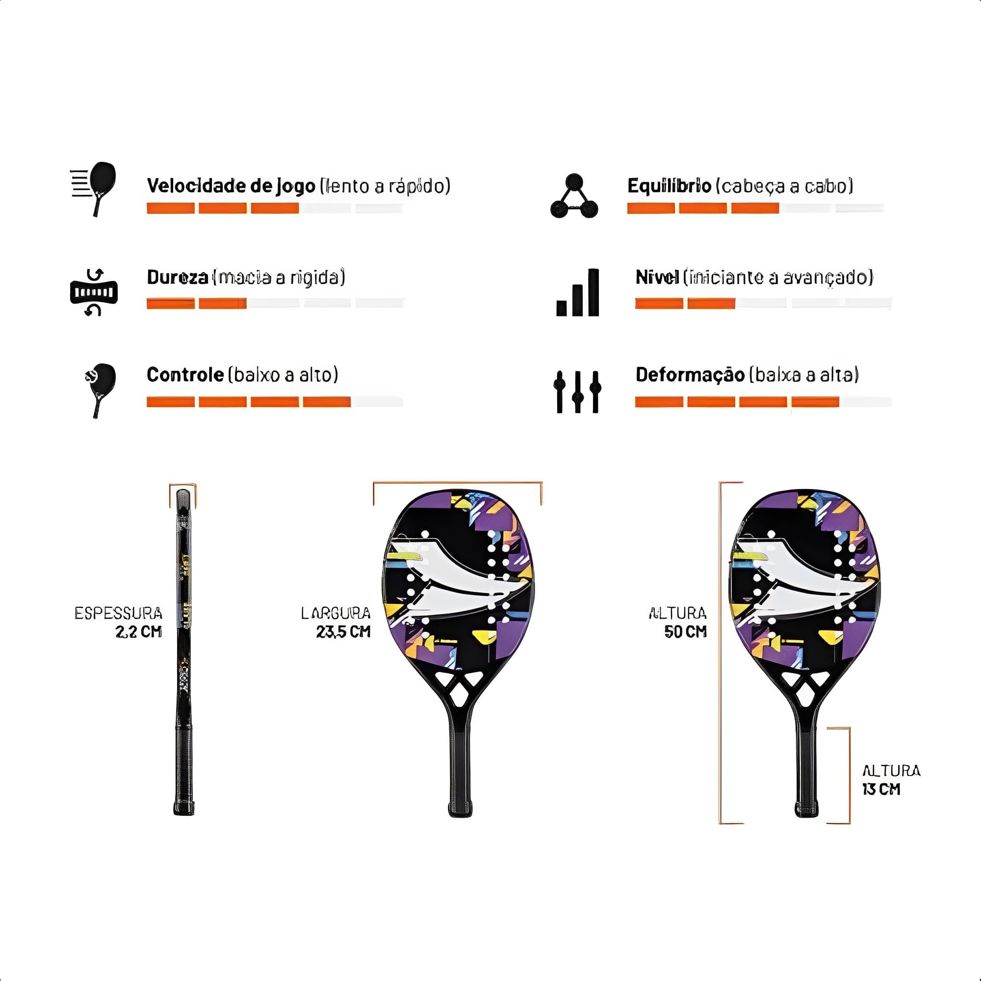 Raquete Beach Tennis Fiberglass 28 Furos Empunhadura Emborrachada Atrio - ES416