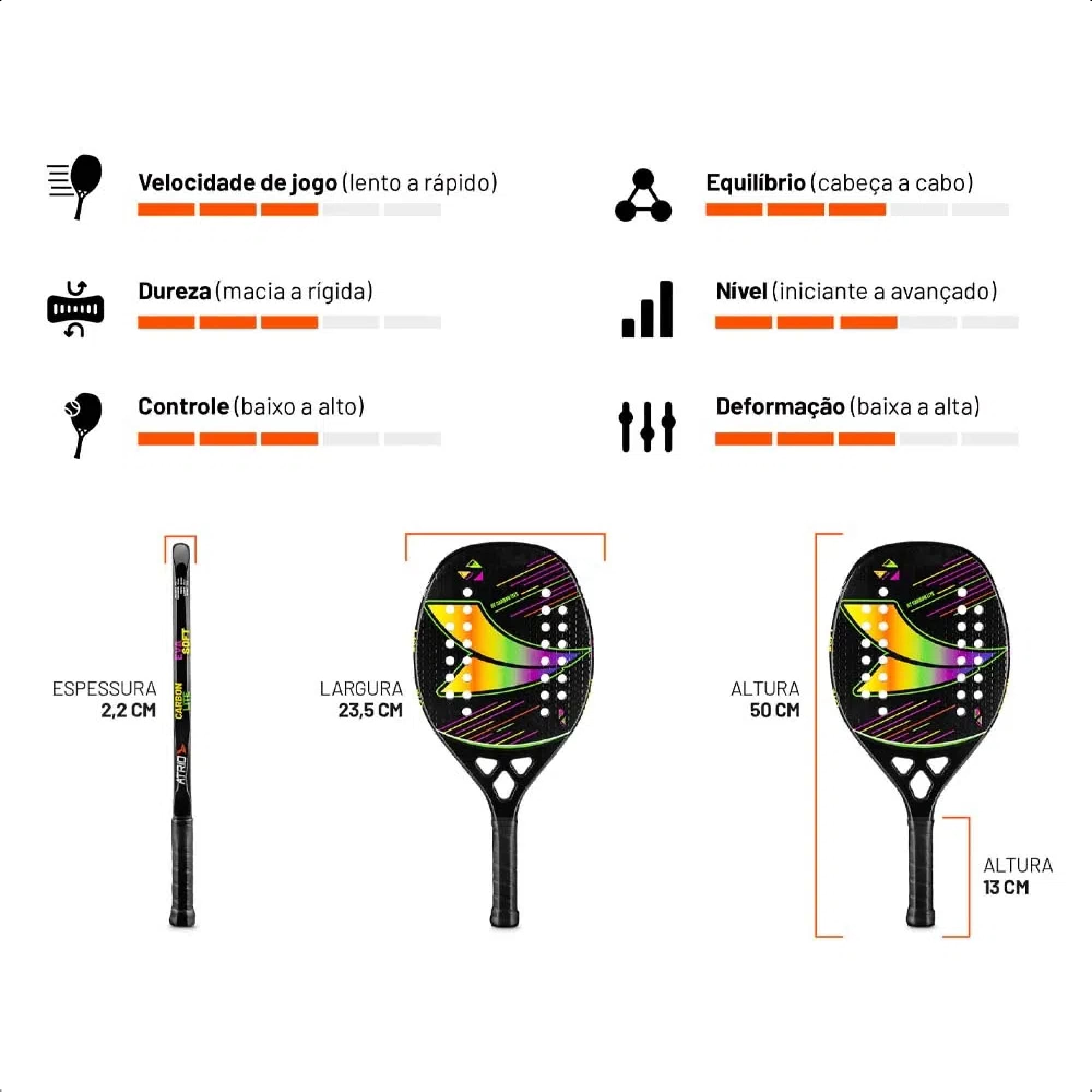 Raquete Beach Tennis Carbon Lite Empunhadura emborrachada Acabamento 3D 28 Furos Atrio - ES417