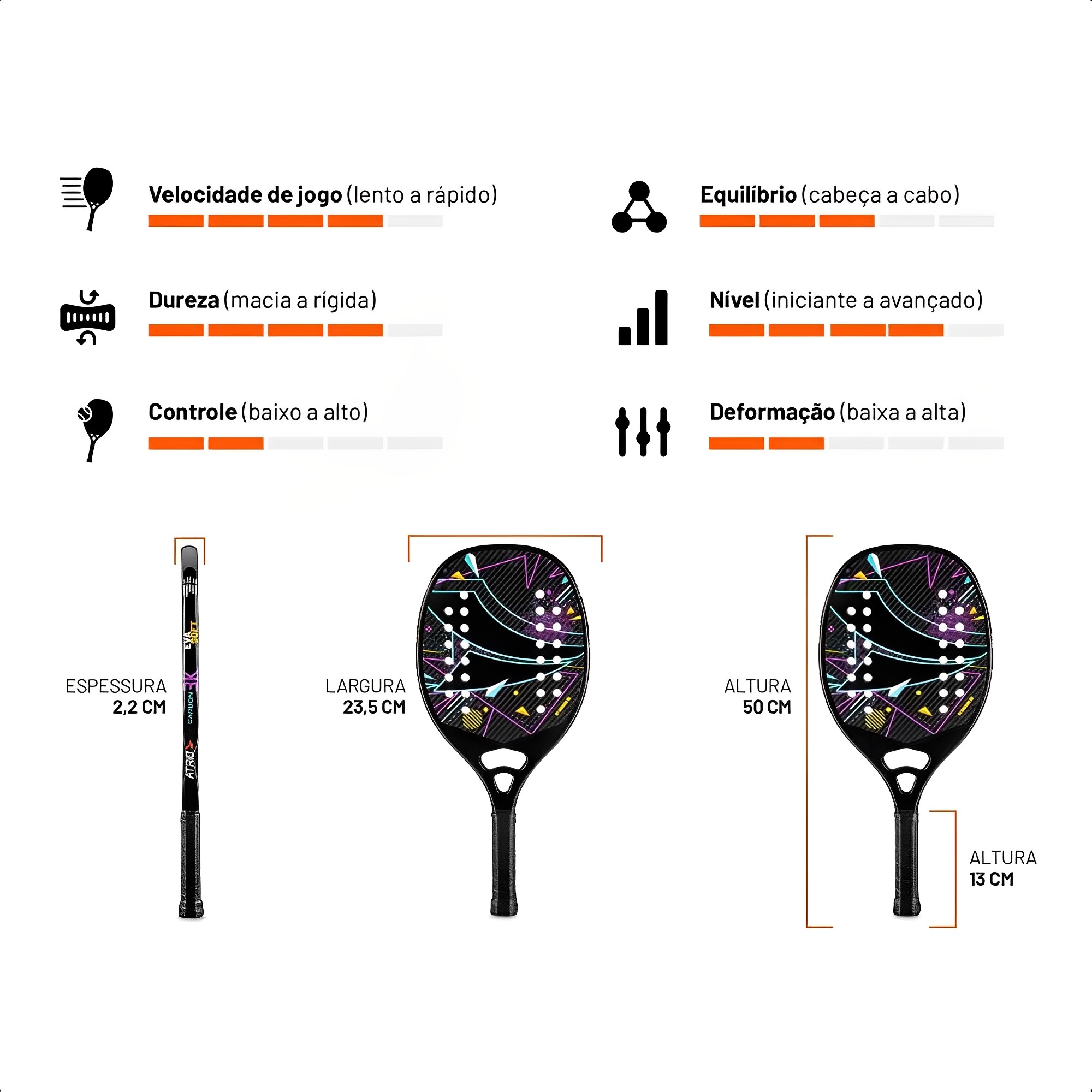 Raquete Beach Tennis Carbon Empunhadura emborrachada 28 furos menor interferência ar Atrio - ES418