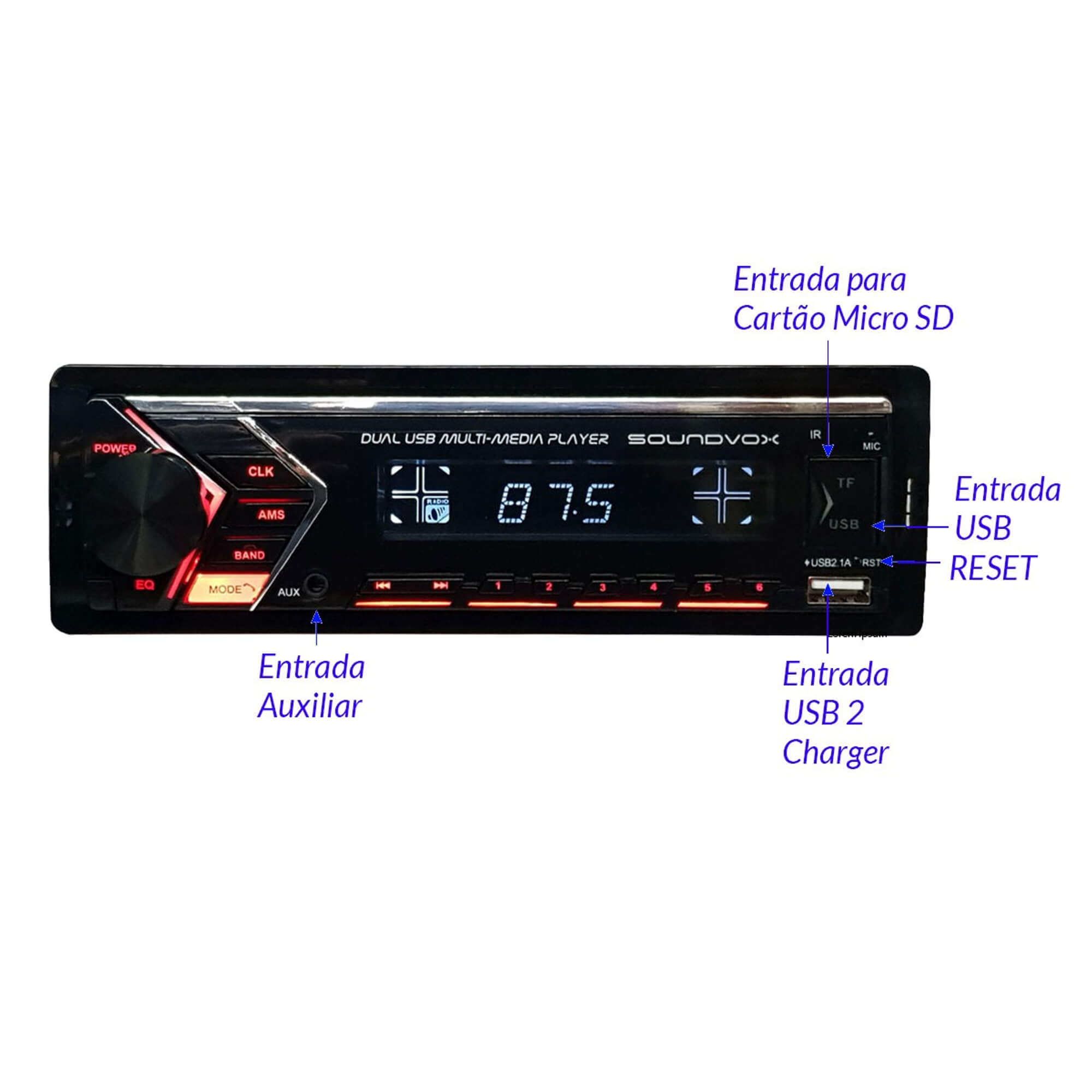 Som Automotivo 1 DIN Rádio AM/FM, Bluetooth, AUX, Cartão SD, Eq.Soundvox - Roadstar SX-832MI