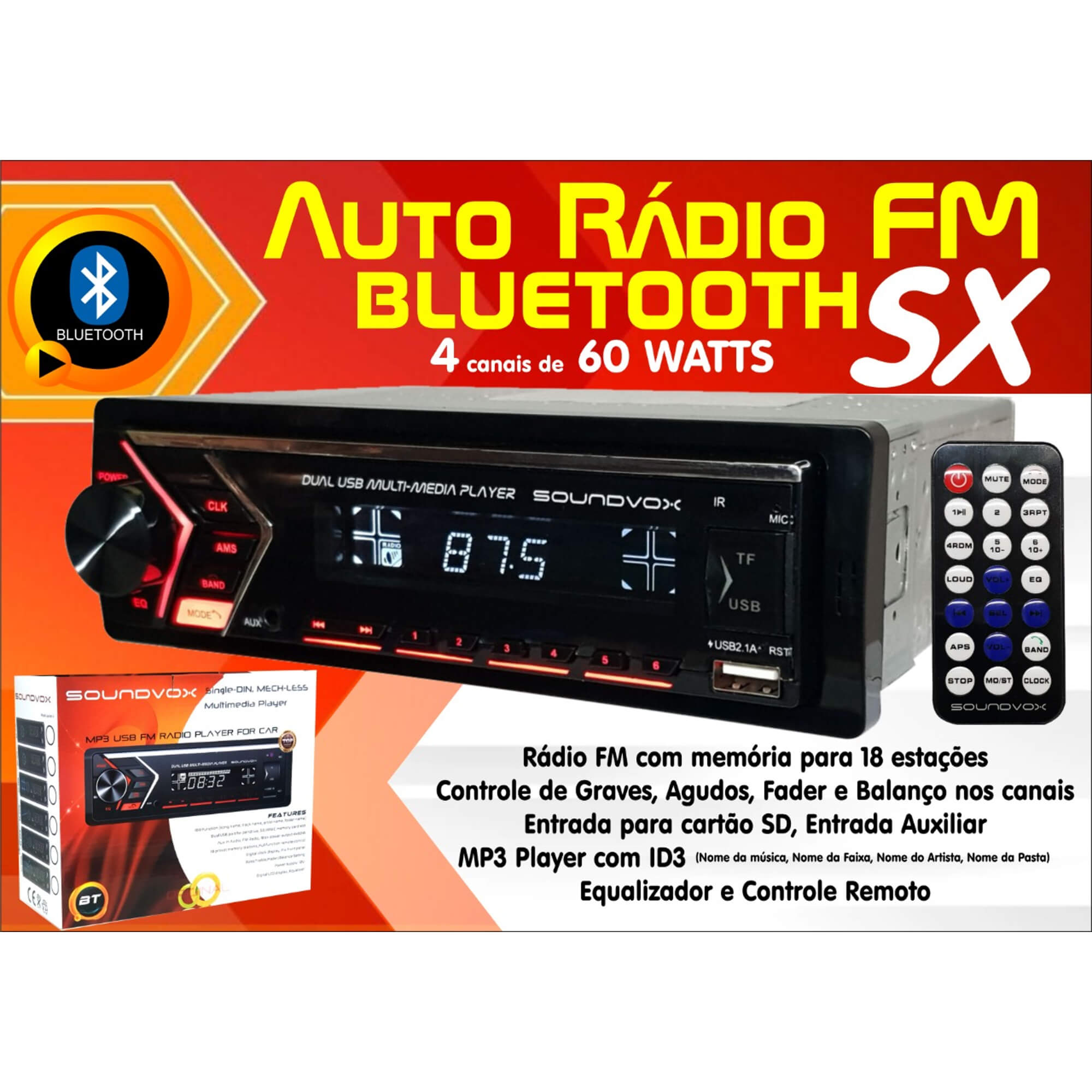 Som Automotivo 1 DIN Rádio AM/FM, Bluetooth, AUX, Cartão SD, Eq.Soundvox - Roadstar SX-832MI
