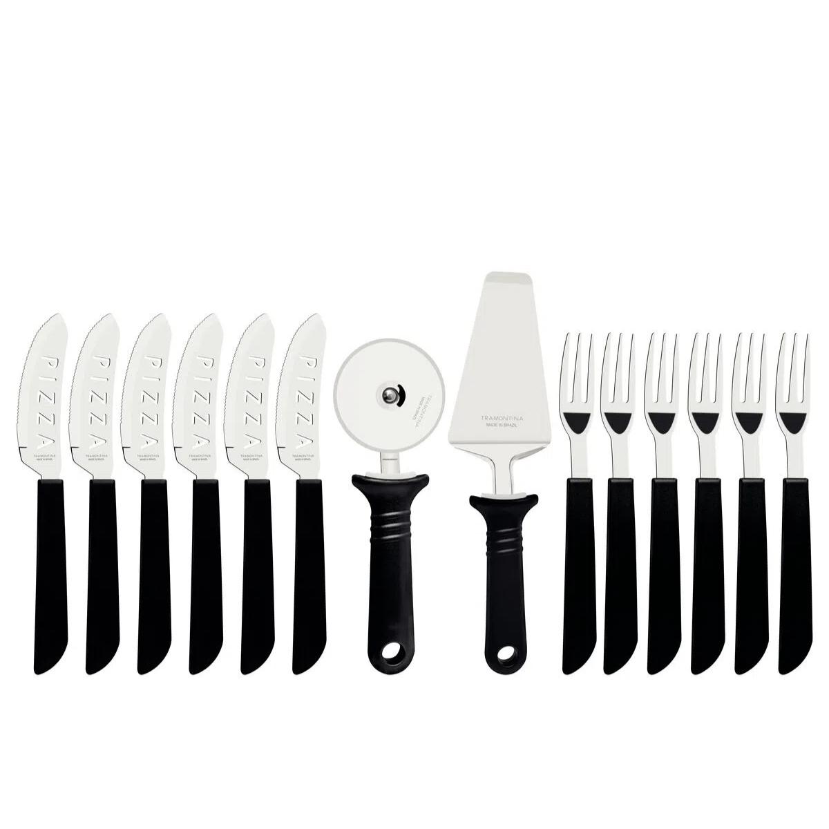 Kit Conjunto Pizza 14 Pçs Tramontina Lâminas Inox e Cabos Polipropileno Preto Cozinha 25099022