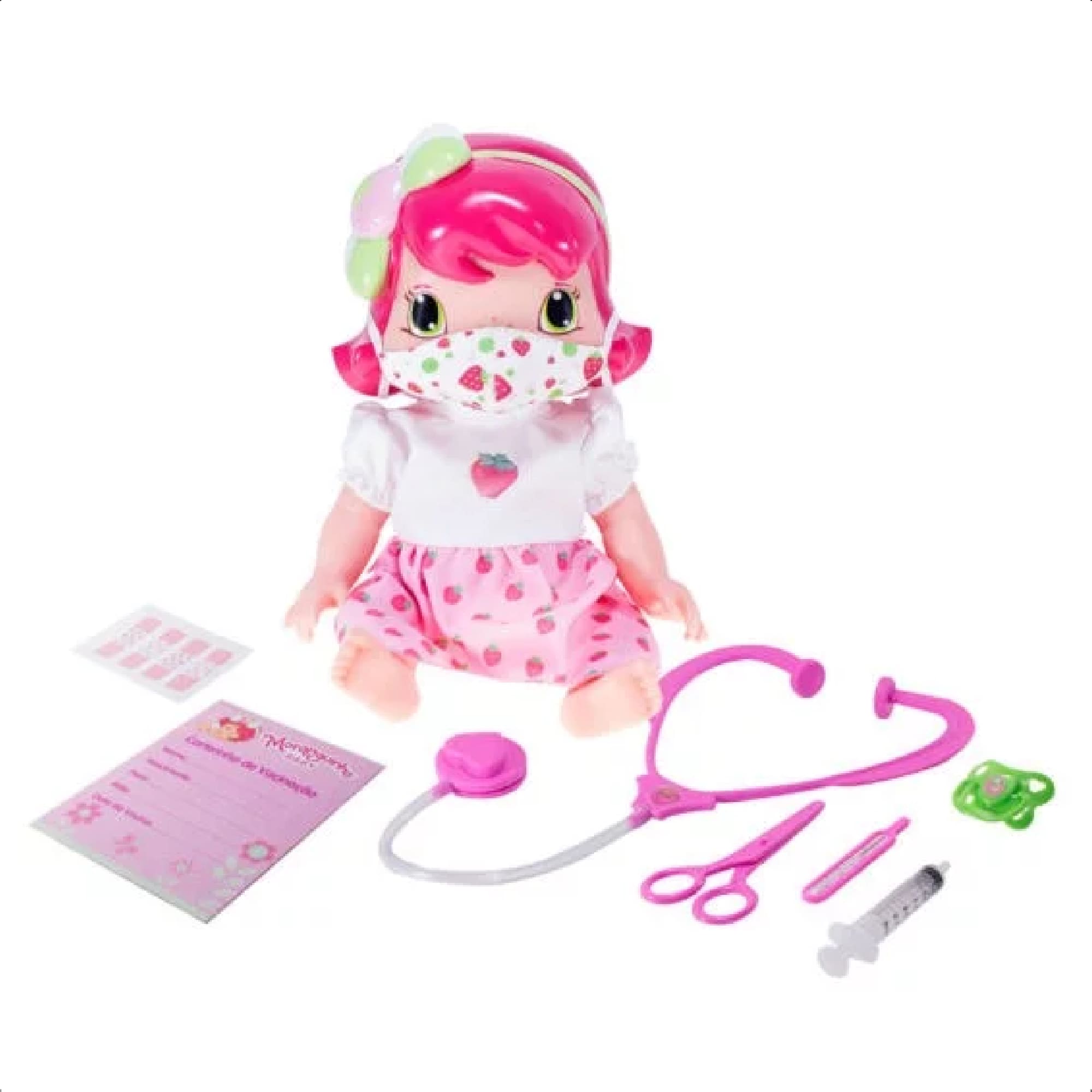 Boneca Baby Moranguinho Dodói Faz Xixi Articulada 30CM 9 Acessórios +De 3 Anos Mimo Toys - 4002