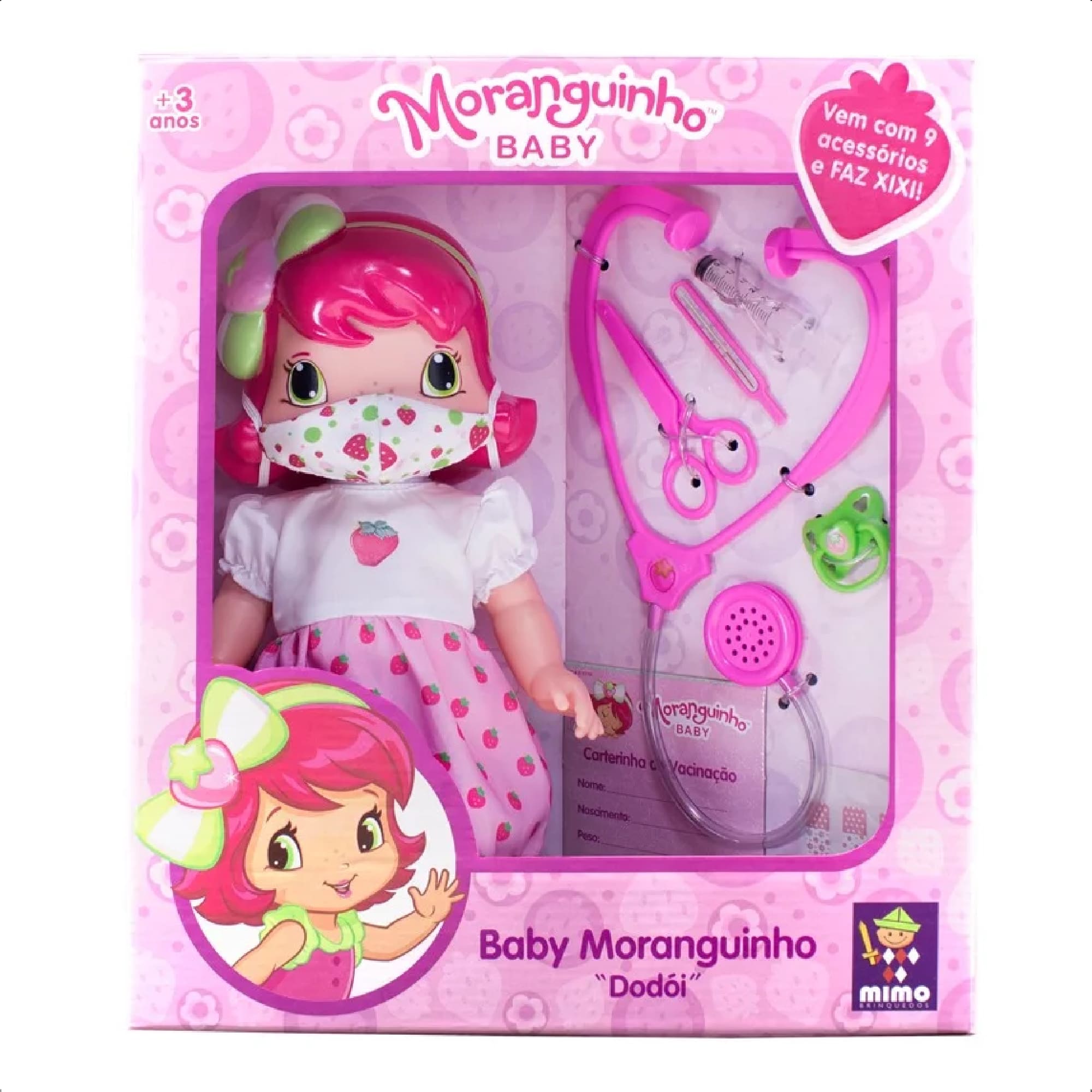 Boneca Baby Moranguinho Dodói Faz Xixi Articulada 30CM 9 Acessórios +De 3 Anos Mimo Toys - 4002