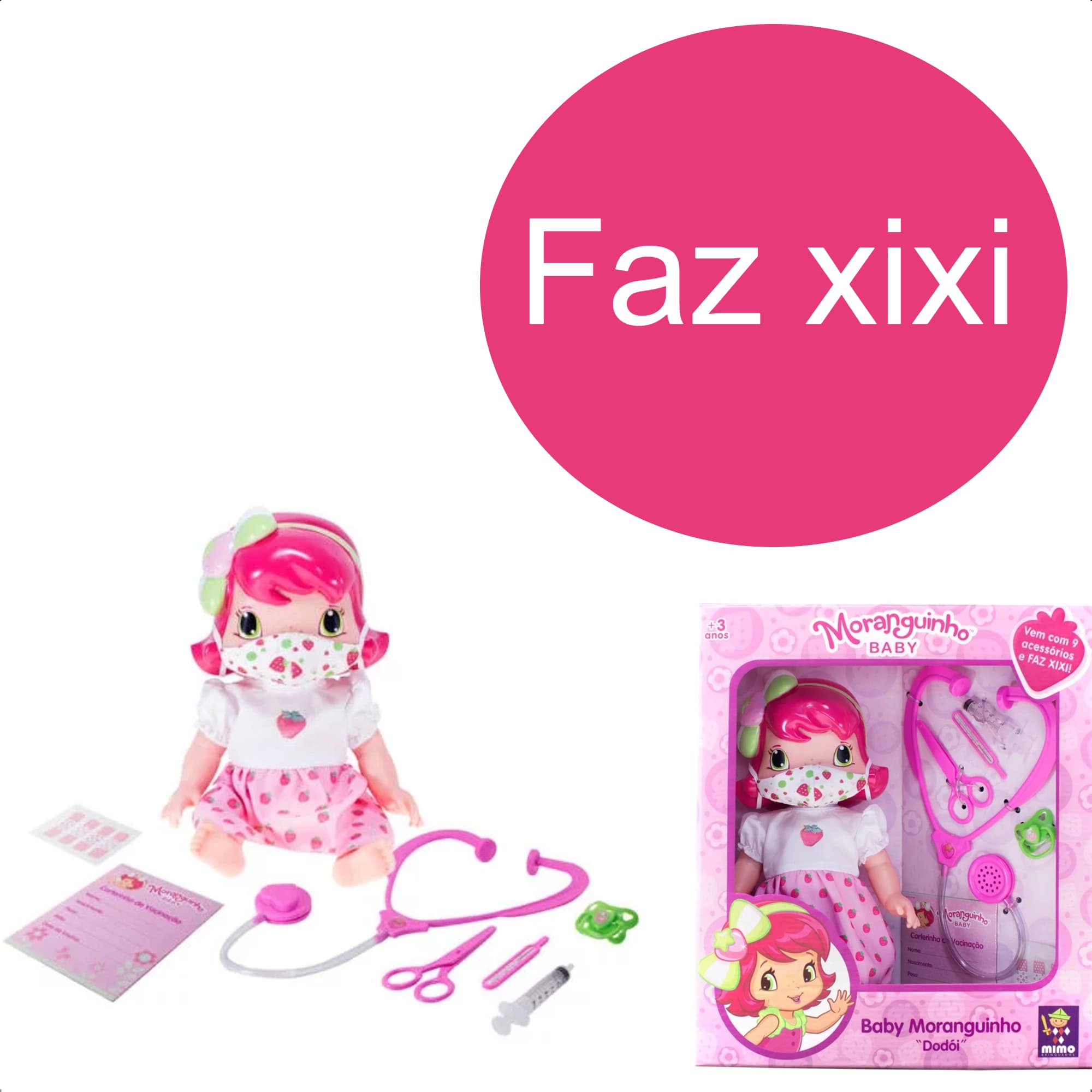 Boneca Baby Moranguinho Dodói Faz Xixi Articulada 30CM 9 Acessórios +De 3 Anos Mimo Toys - 4002