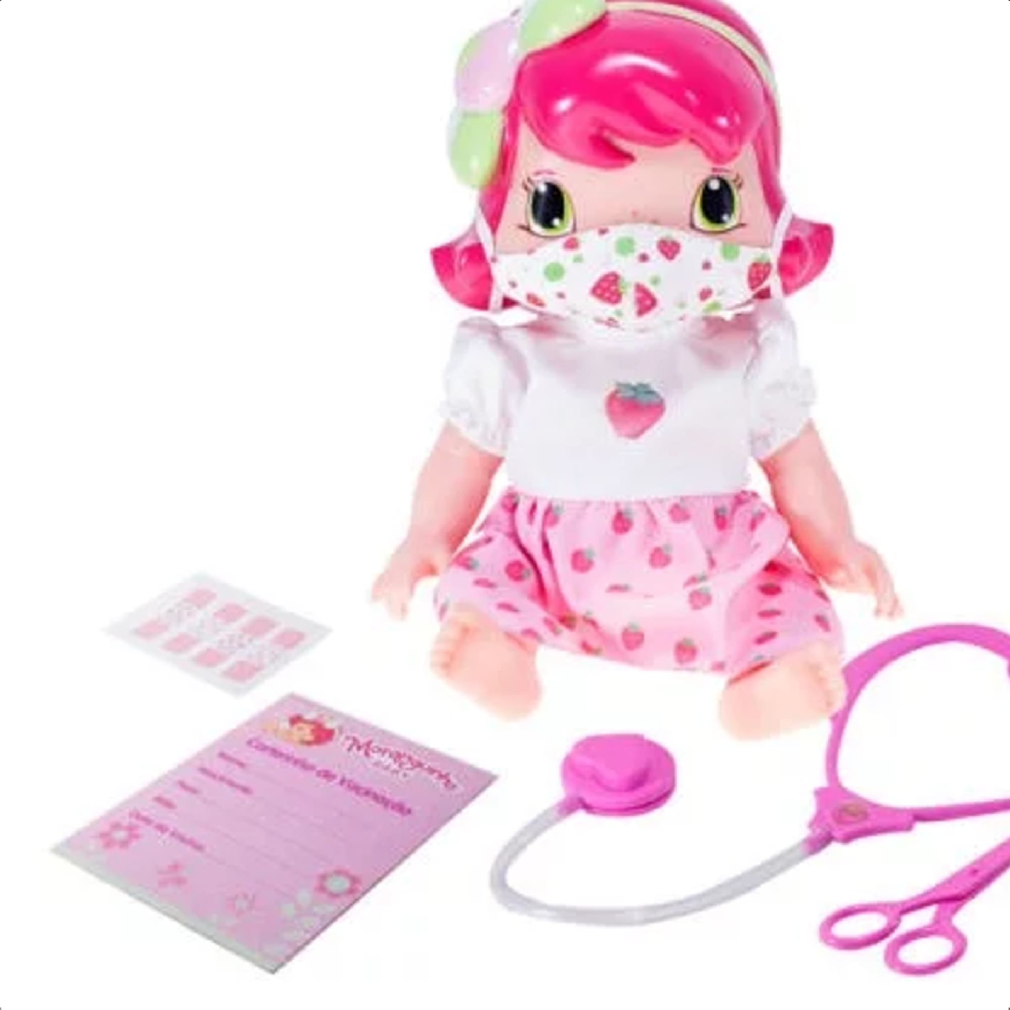 Boneca Baby Moranguinho Dodói Faz Xixi Articulada 30CM 9 Acessórios +De 3 Anos Mimo Toys - 4002