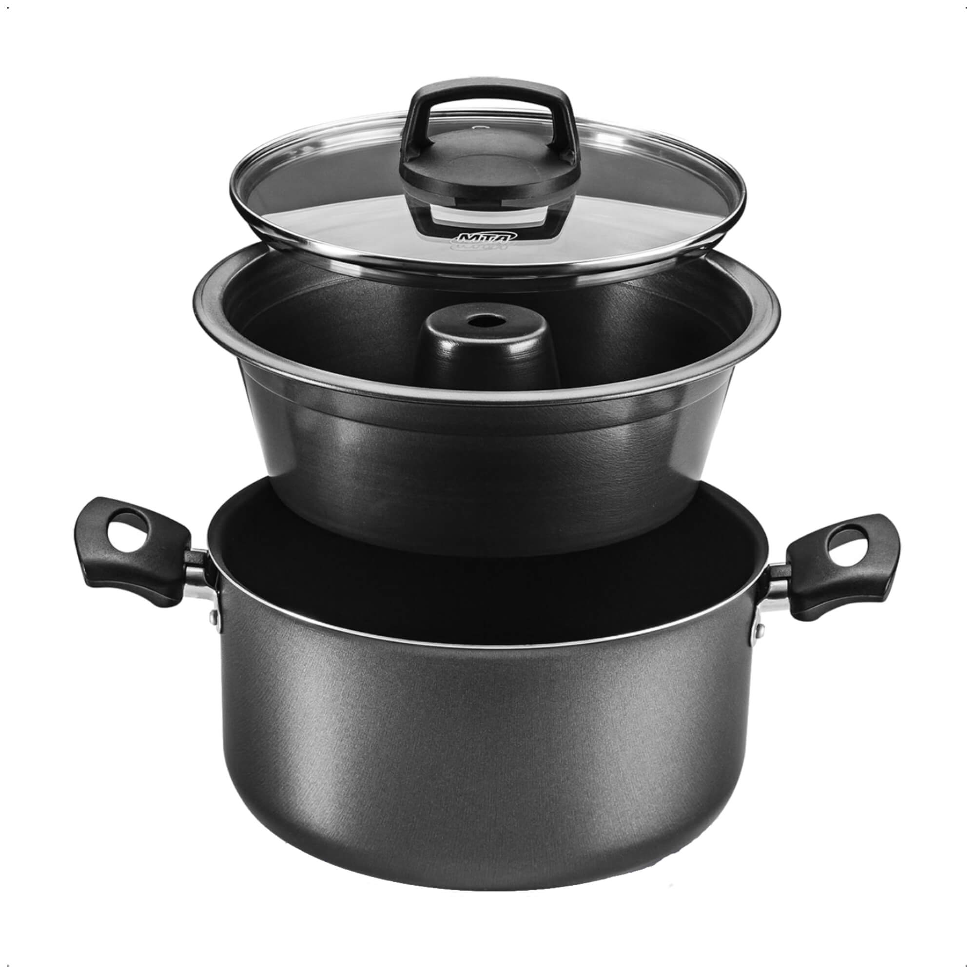 Jogo de Panela 3x1 Antiaderente Superflon Forma Pudim Alças Antitérmico Capacidade p/ 3,2L MTA 8968
