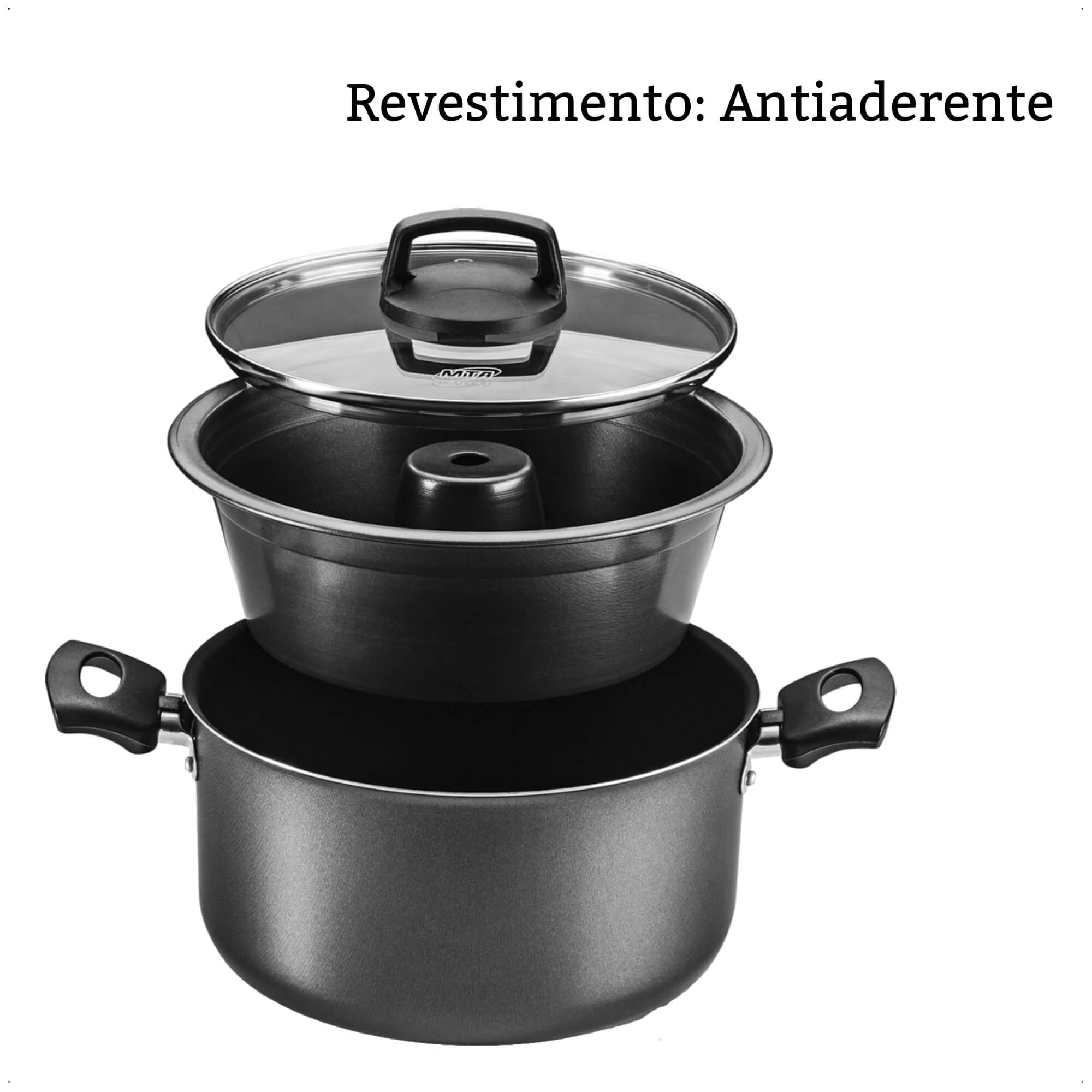 Jogo de Panela 3x1 Antiaderente Superflon Forma Pudim Alças Antitérmico Capacidade p/ 3,2L MTA 8968