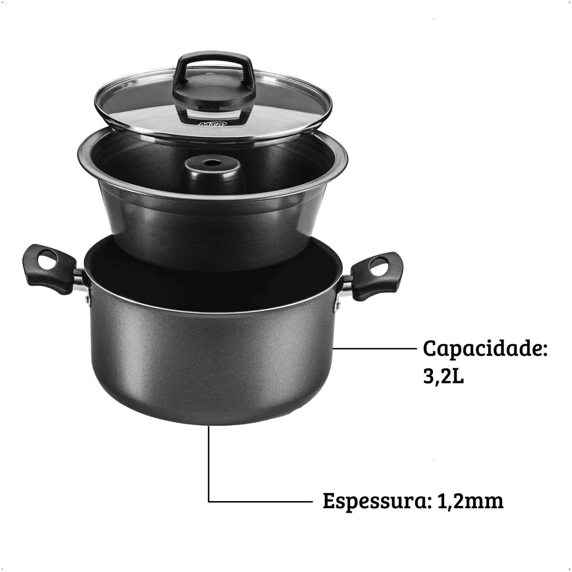 Jogo de Panela 3x1 Antiaderente Superflon Forma Pudim Alças Antitérmico Capacidade p/ 3,2L MTA 8968