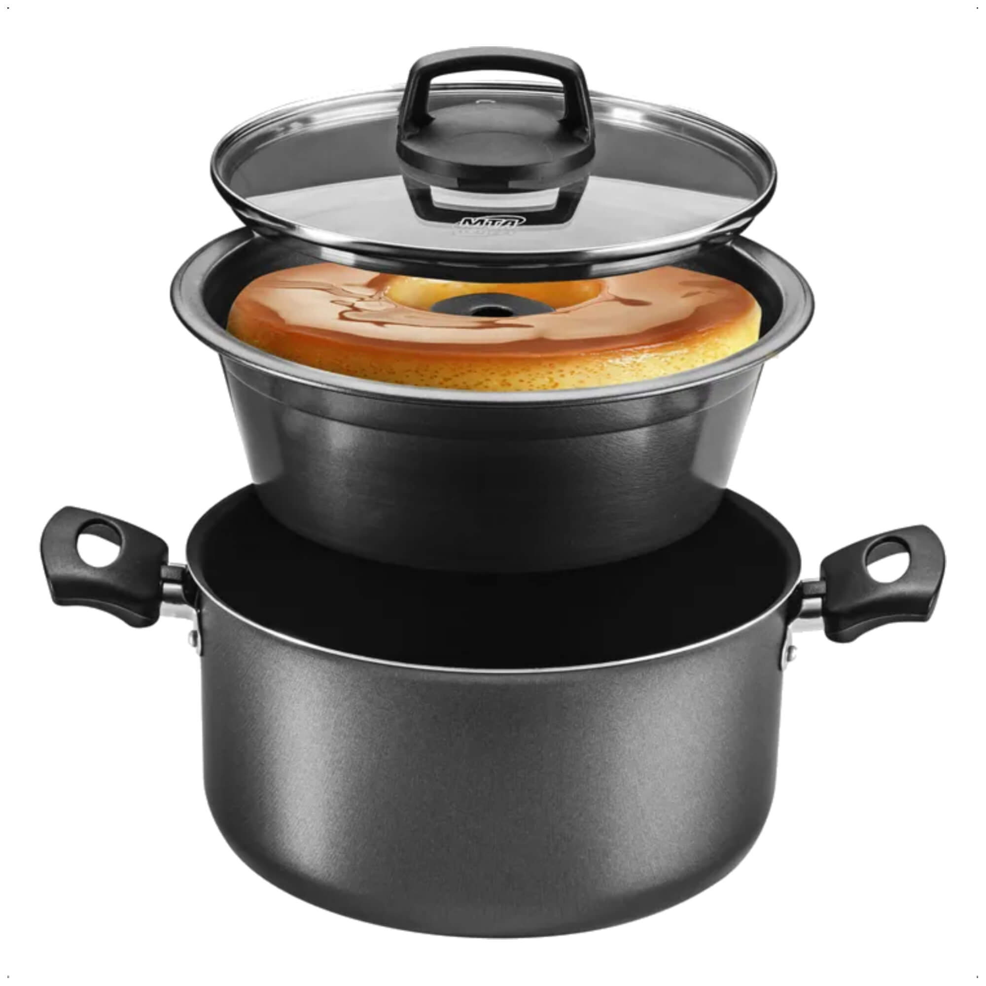 Jogo de Panela 3x1 Antiaderente Superflon Forma Pudim Alças Antitérmico Capacidade p/ 3,2L MTA 8968