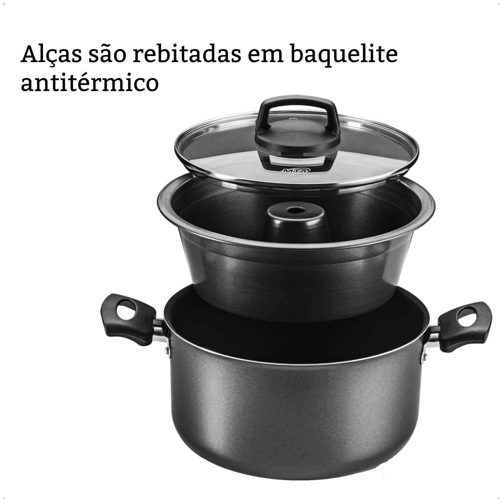Jogo de Panela 3x1 Antiaderente Superflon Forma Pudim Alças Antitérmico Capacidade p/ 3,2L MTA 8968