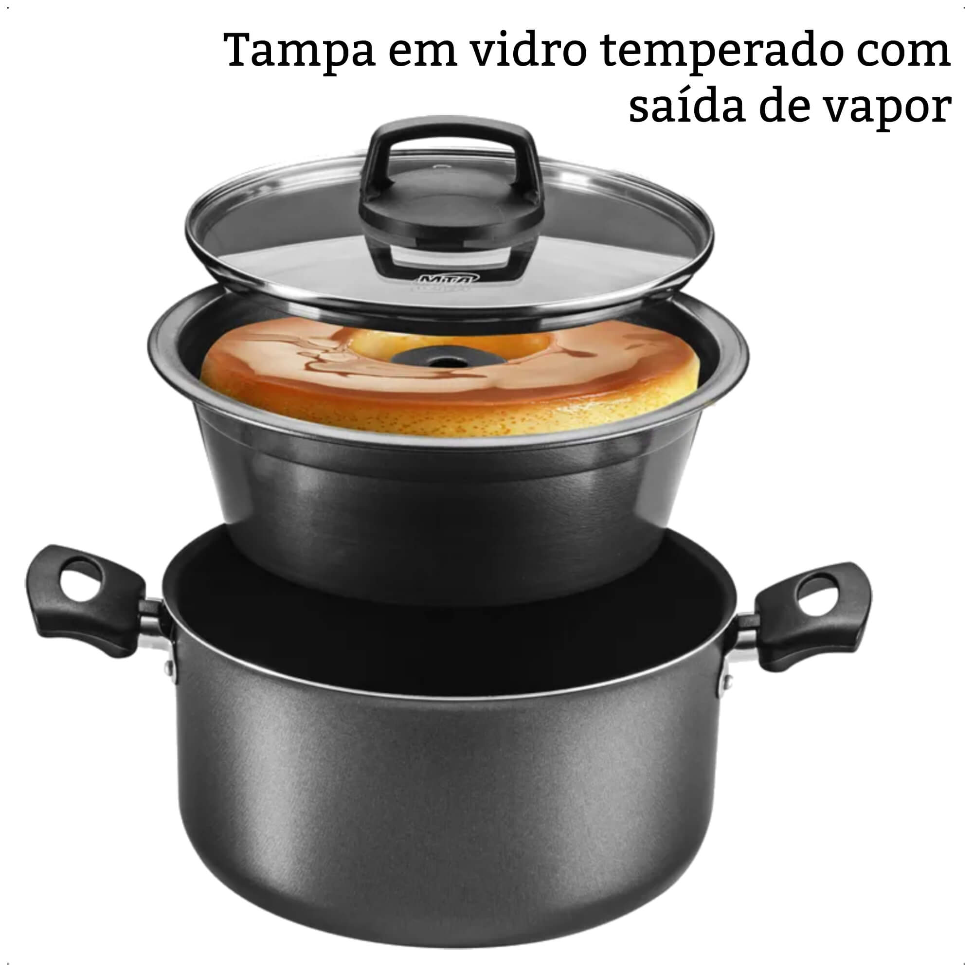 Jogo de Panela 3x1 Antiaderente Superflon Forma Pudim Alças Antitérmico Capacidade p/ 3,2L MTA 8968