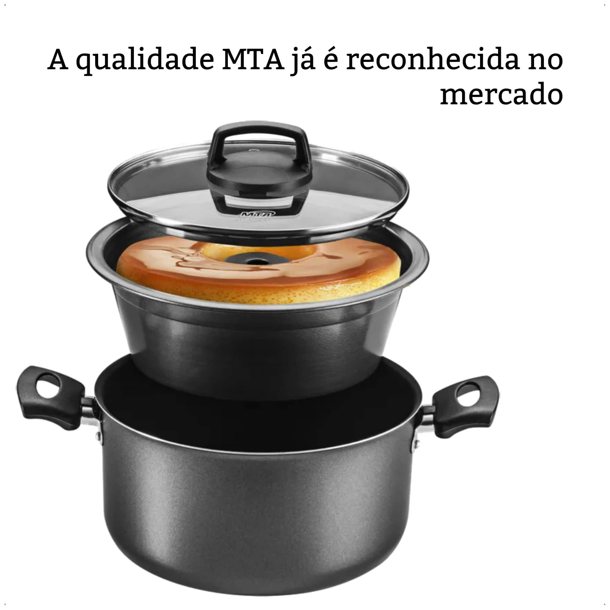 Jogo de Panela 3x1 Antiaderente Superflon Forma Pudim Alças Antitérmico Capacidade p/ 3,2L MTA 8968