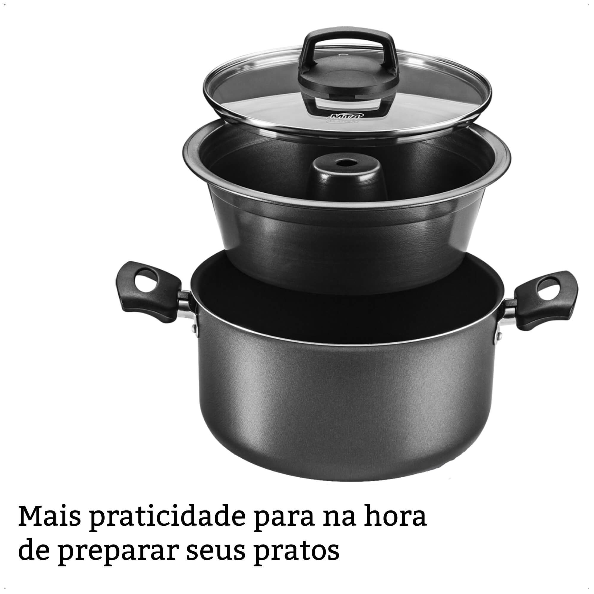 Jogo de Panela 3x1 Antiaderente Superflon Forma Pudim Alças Antitérmico Capacidade p/ 3,2L MTA 8968