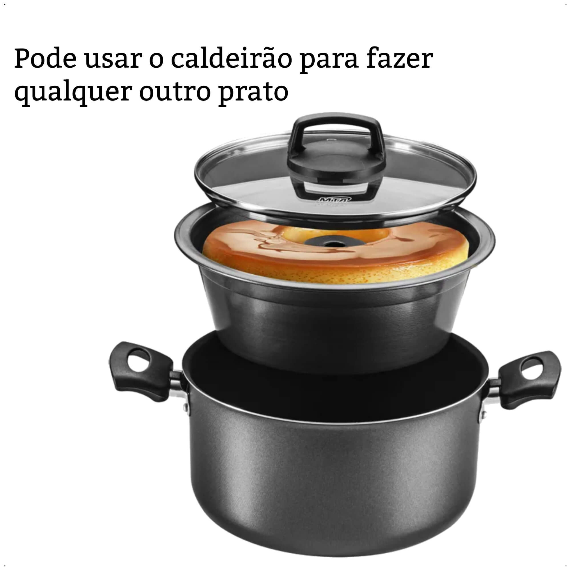 Jogo de Panela 3x1 Antiaderente Superflon Forma Pudim Alças Antitérmico Capacidade p/ 3,2L MTA 8968