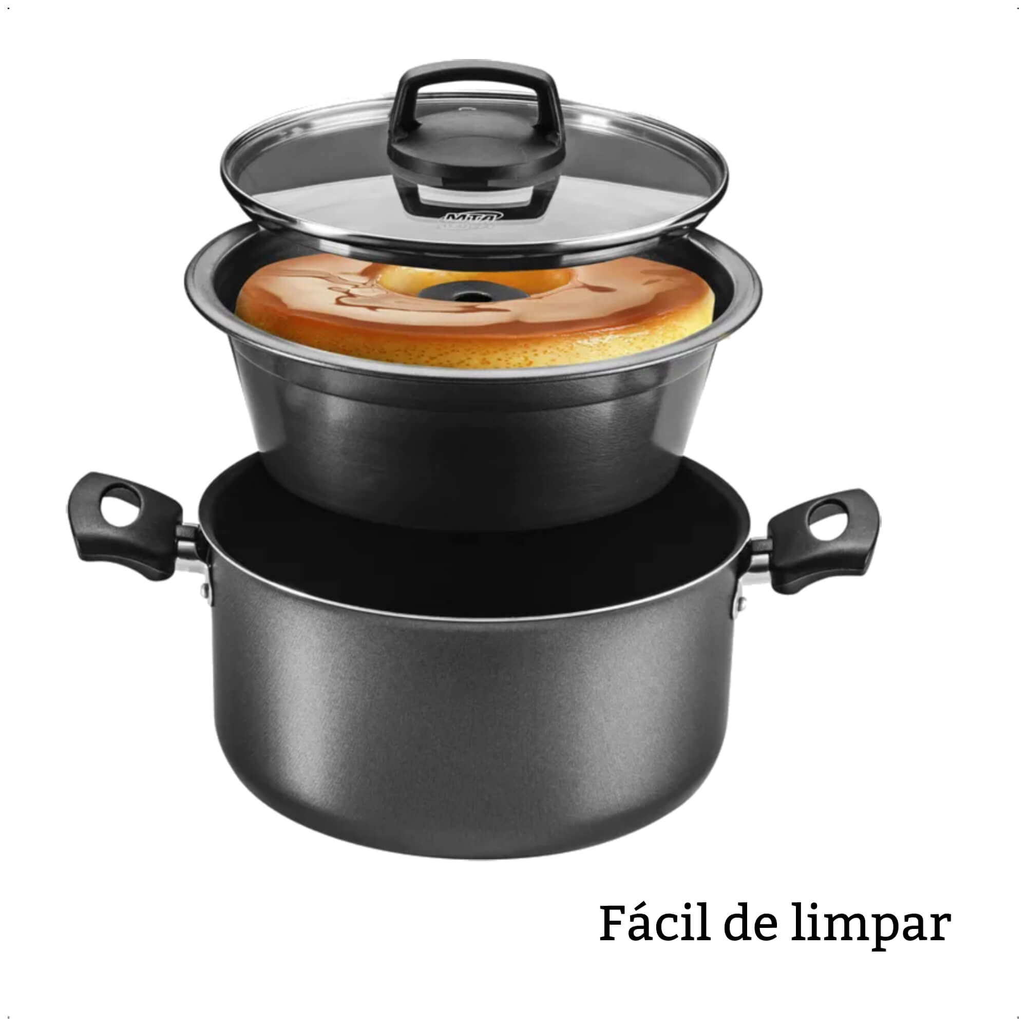 Jogo de Panela 3x1 Antiaderente Superflon Forma Pudim Alças Antitérmico Capacidade p/ 3,2L MTA 8968