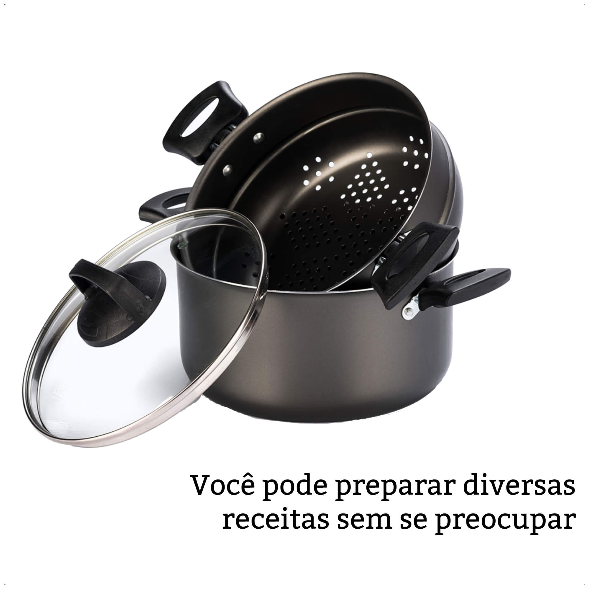 Jogo de Panela Cozimento a Vapor 3L Antiaderente 3x1 Pegadores Antitérmico Cozivapor MTA - 8215