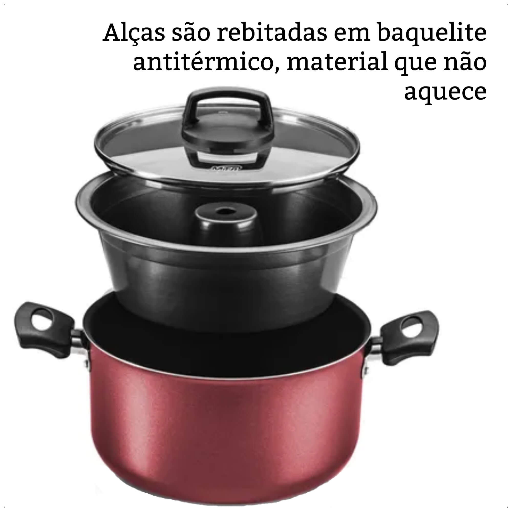Jogo de Panela para Pudim 3x1 Revestimento Antiaderente 3,2L Cereja TVT Alça Antitérmica MTA 8923