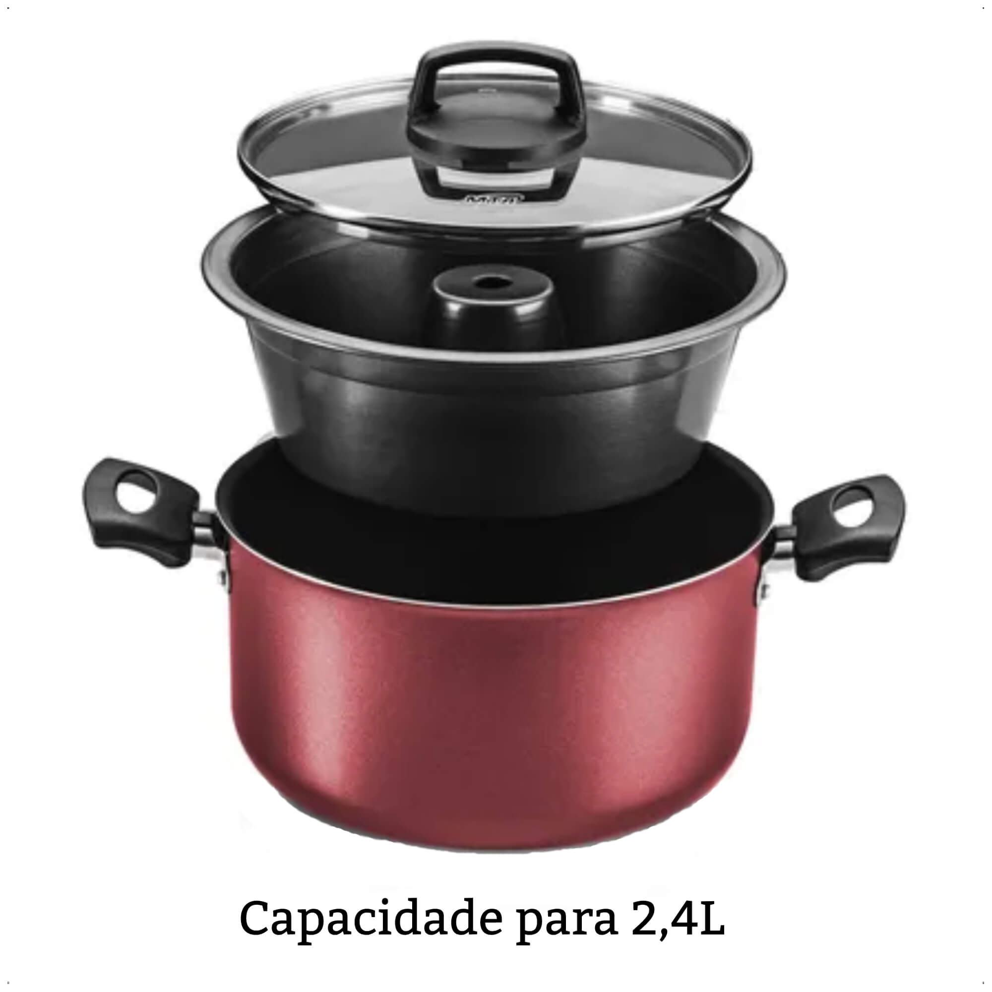Jogo de Panela para Pudim 3x1 Revestimento Antiaderente 3,2L Cereja TVT Alça Antitérmica MTA 8923