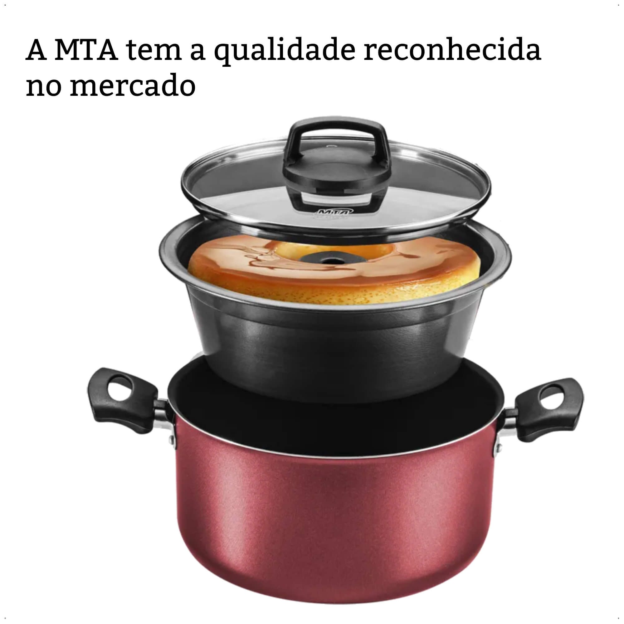 Jogo de Panela para Pudim 3x1 Revestimento Antiaderente 3,2L Cereja TVT Alça Antitérmica MTA 8923