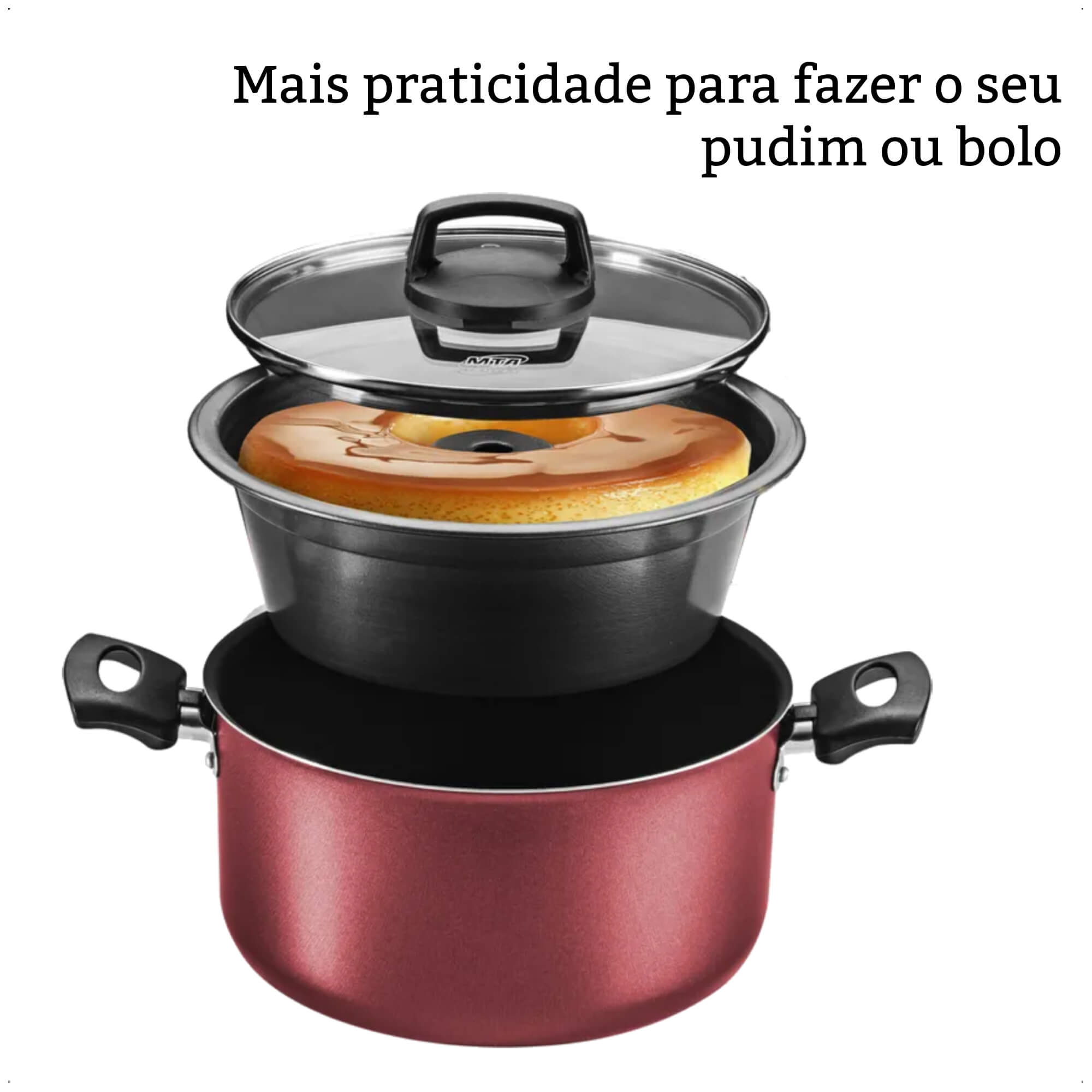 Jogo de Panela para Pudim 3x1 Revestimento Antiaderente 3,2L Cereja TVT Alça Antitérmica MTA 8923