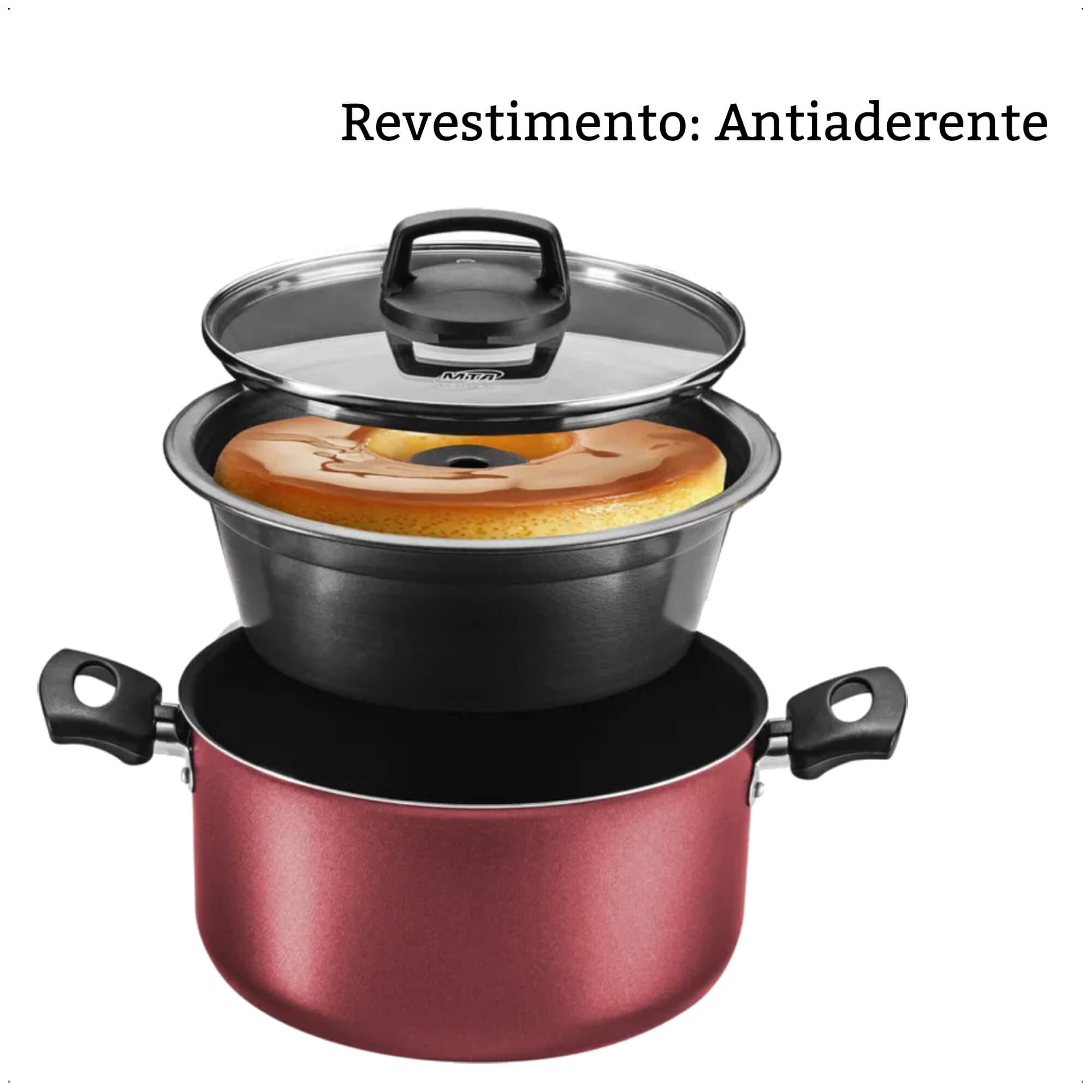 Jogo de Panela para Pudim 3x1 Revestimento Antiaderente 3,2L Cereja TVT Alça Antitérmica MTA 8923