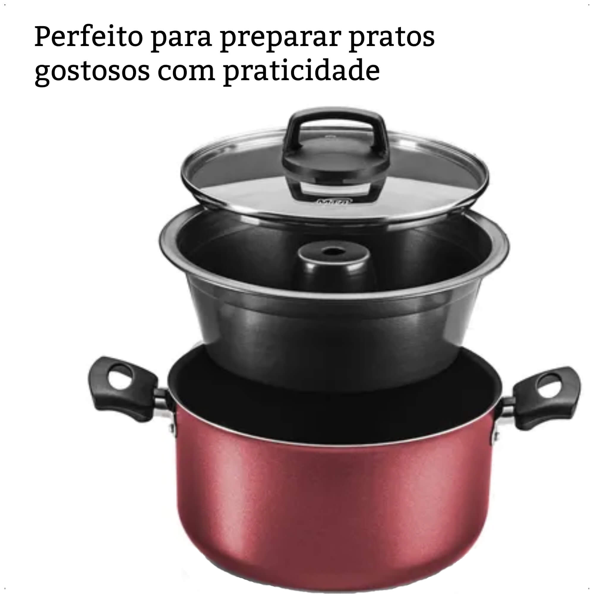 Jogo de Panela para Pudim 3x1 Revestimento Antiaderente 3,2L Cereja TVT Alça Antitérmica MTA 8923