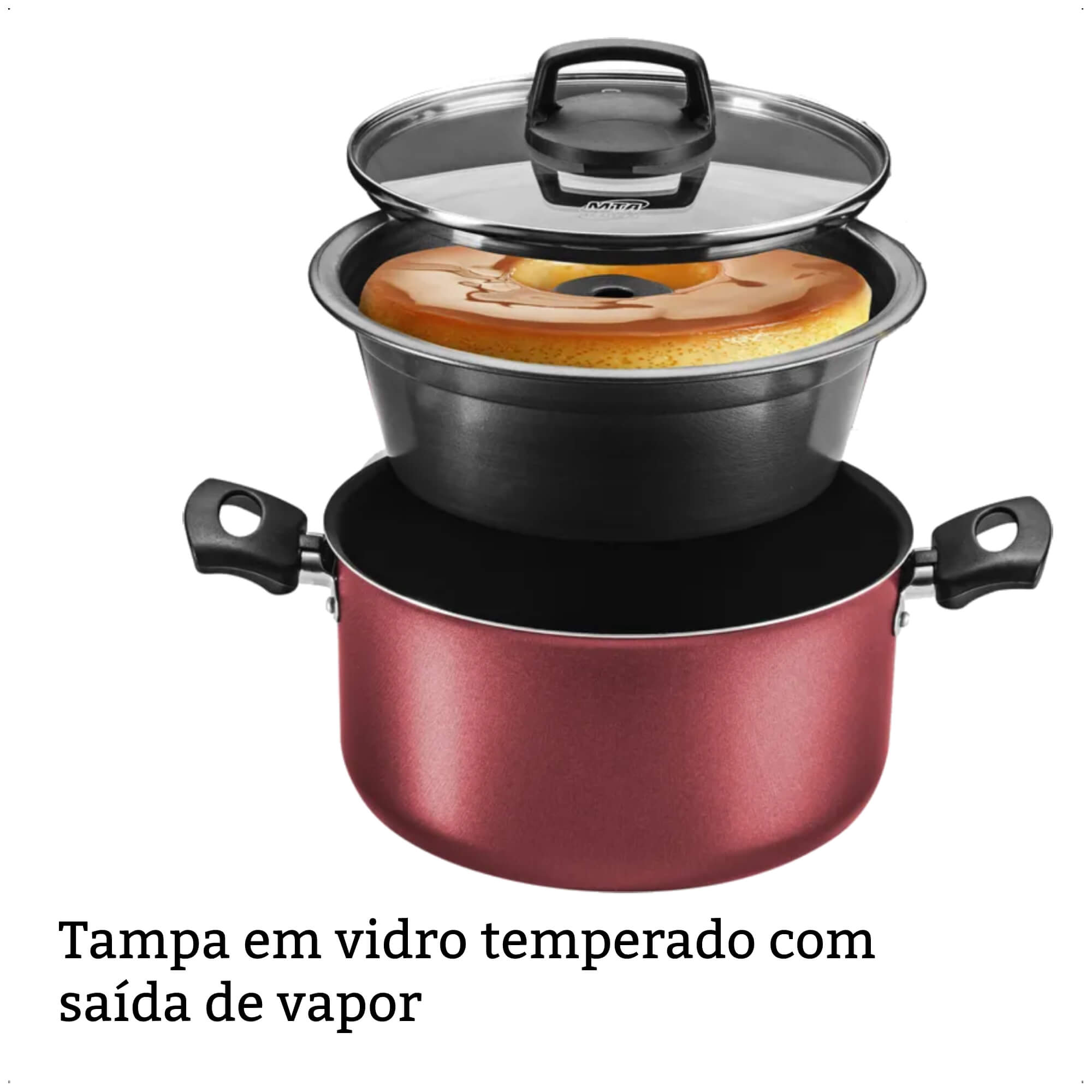 Jogo de Panela para Pudim 3x1 Revestimento Antiaderente 3,2L Cereja TVT Alça Antitérmica MTA 8923
