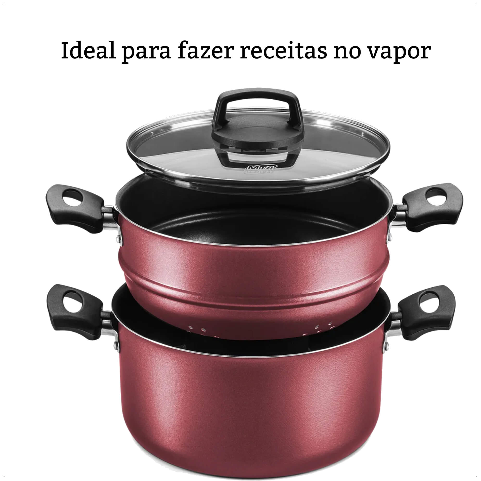 Panela Antiaderente Cabo Antitérmico Cozivapor 3L Cereja 3x1 Pegadores Baquelite Alumínio MTA 8962
