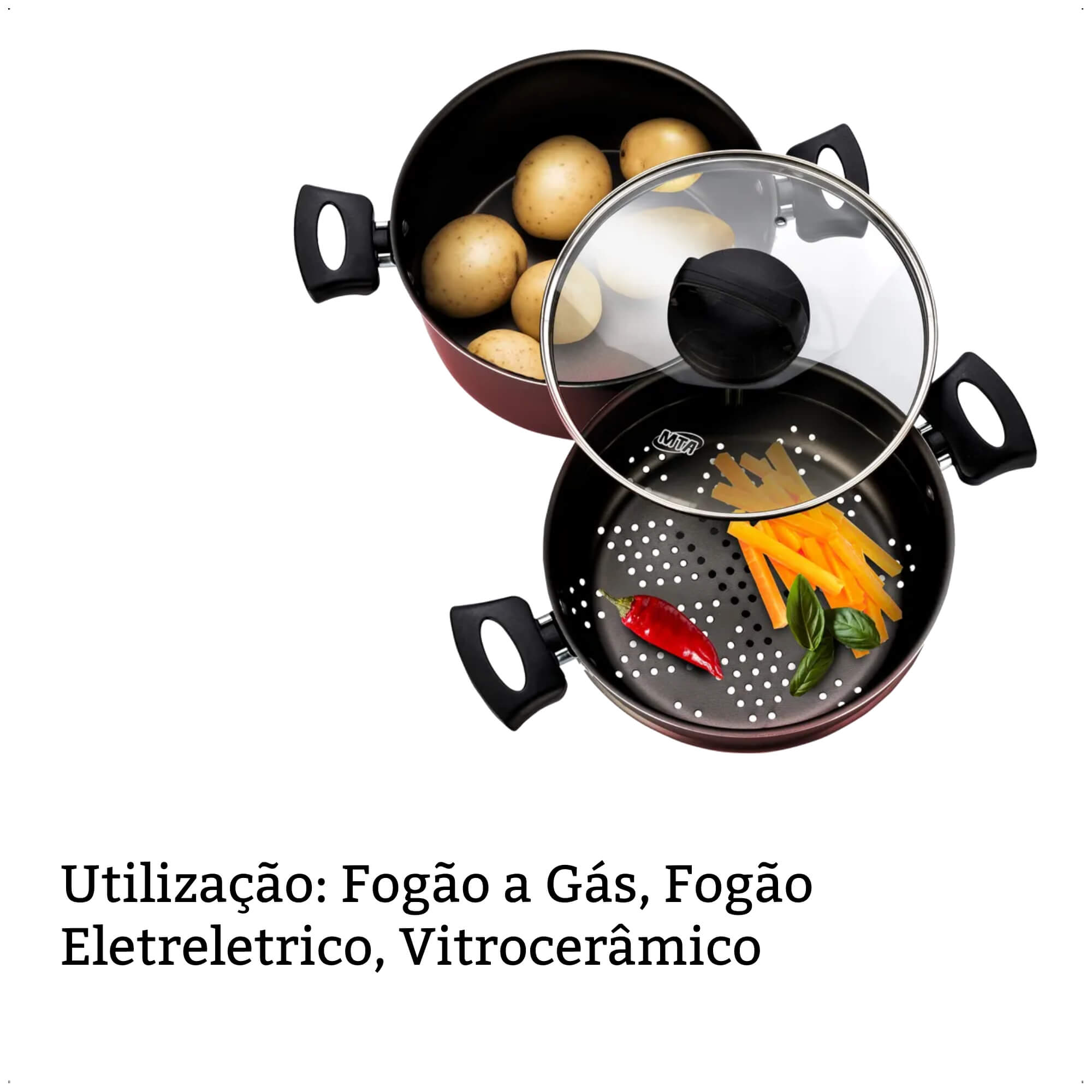 Panela Antiaderente Cabo Antitérmico Cozivapor 3L Cereja 3x1 Pegadores Baquelite Alumínio MTA 8962