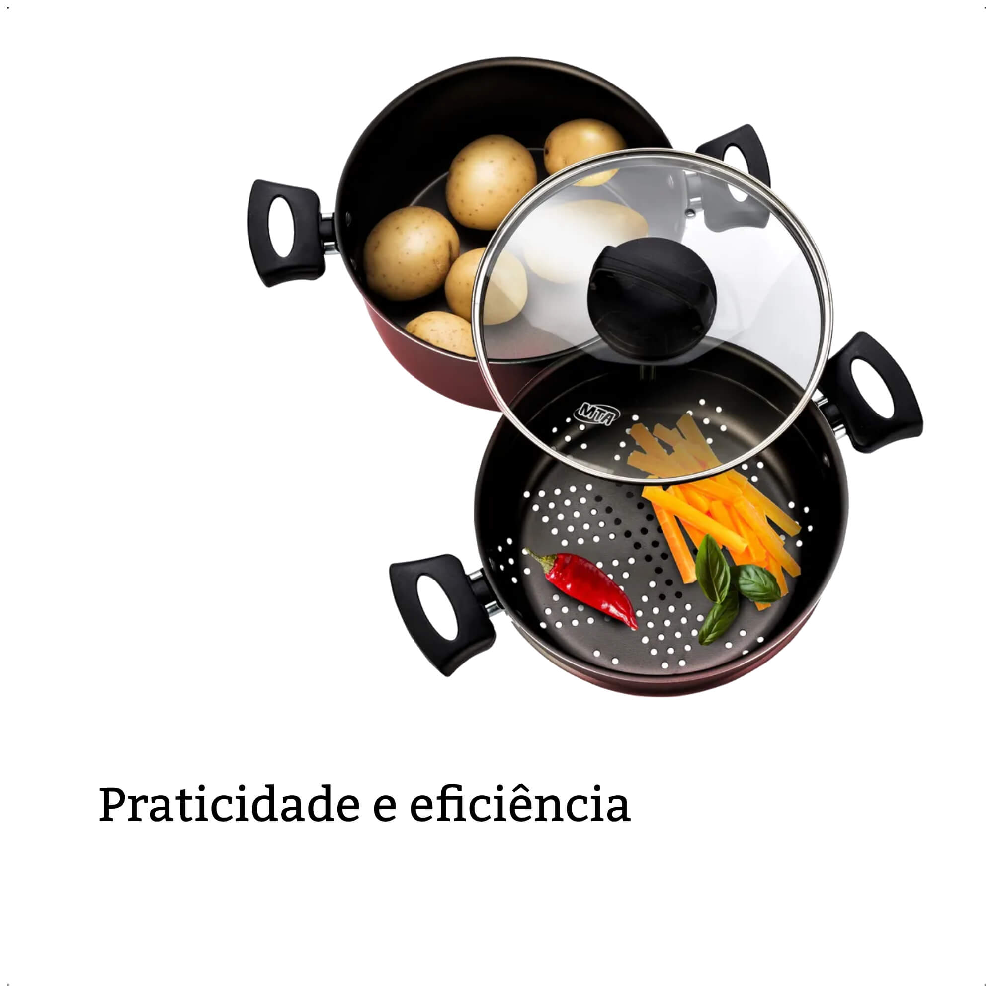 Panela Antiaderente Cabo Antitérmico Cozivapor 3L Cereja 3x1 Pegadores Baquelite Alumínio MTA 8962