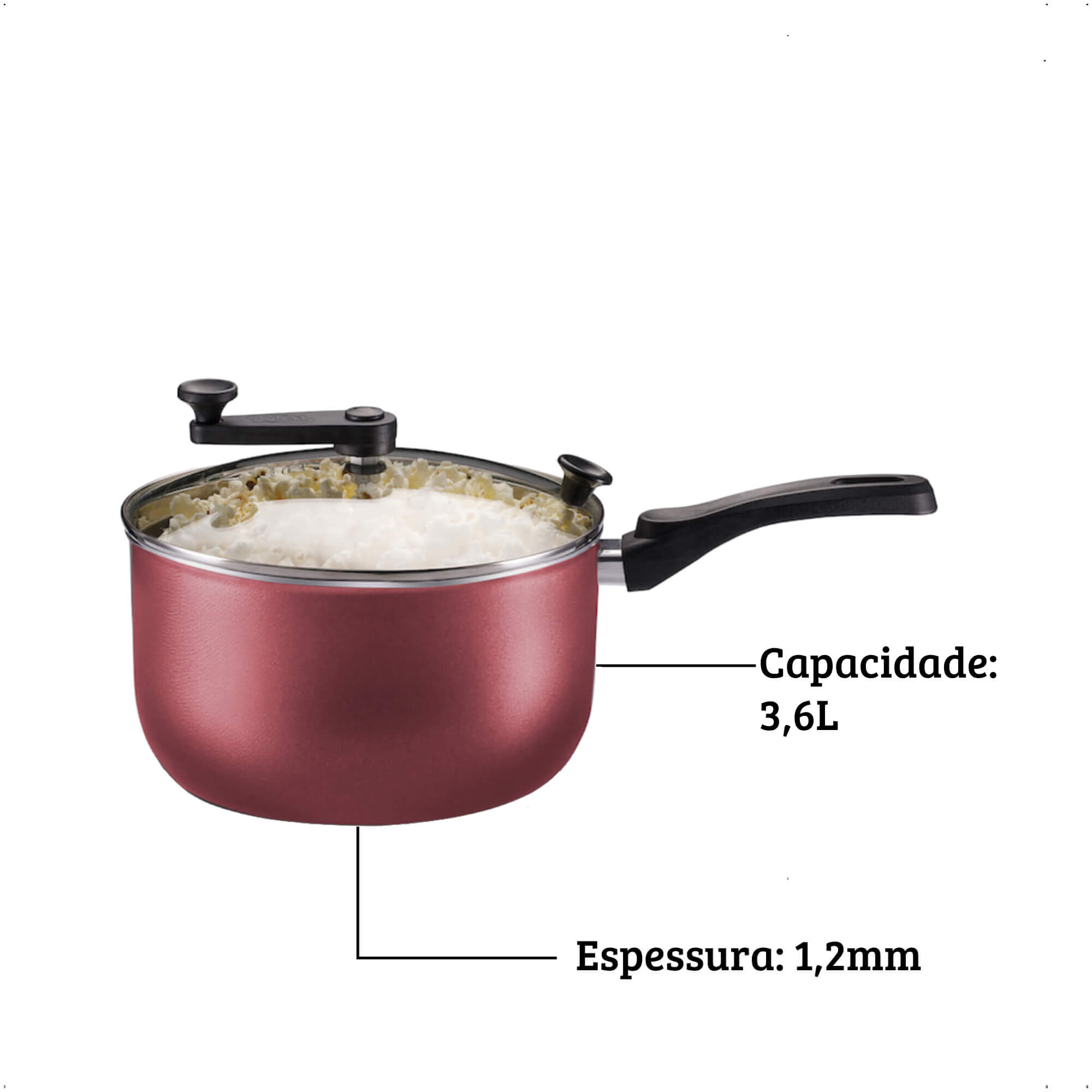 Pipoqueira Cereja Antiaderente Cabo Antitermico TVT Versátil Número 22 Capacidade 3,6L MTA 8994
