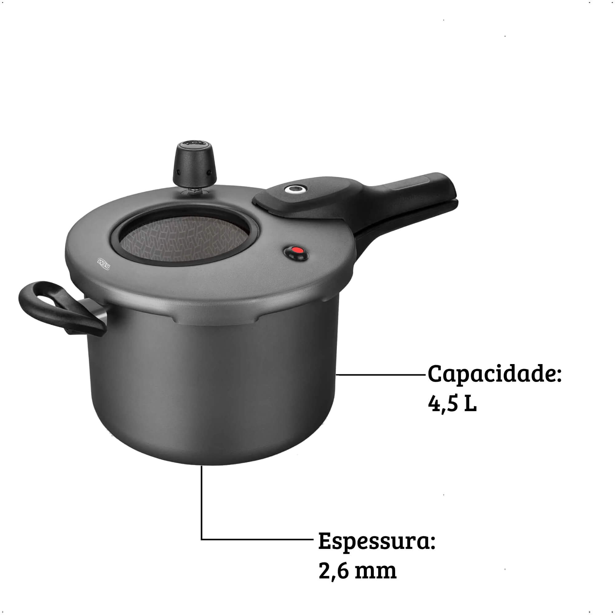 Panela de Pressão Grafite Antiaderente com 4,5L de Capacidade Fechamento Externo Superior MTA 6600