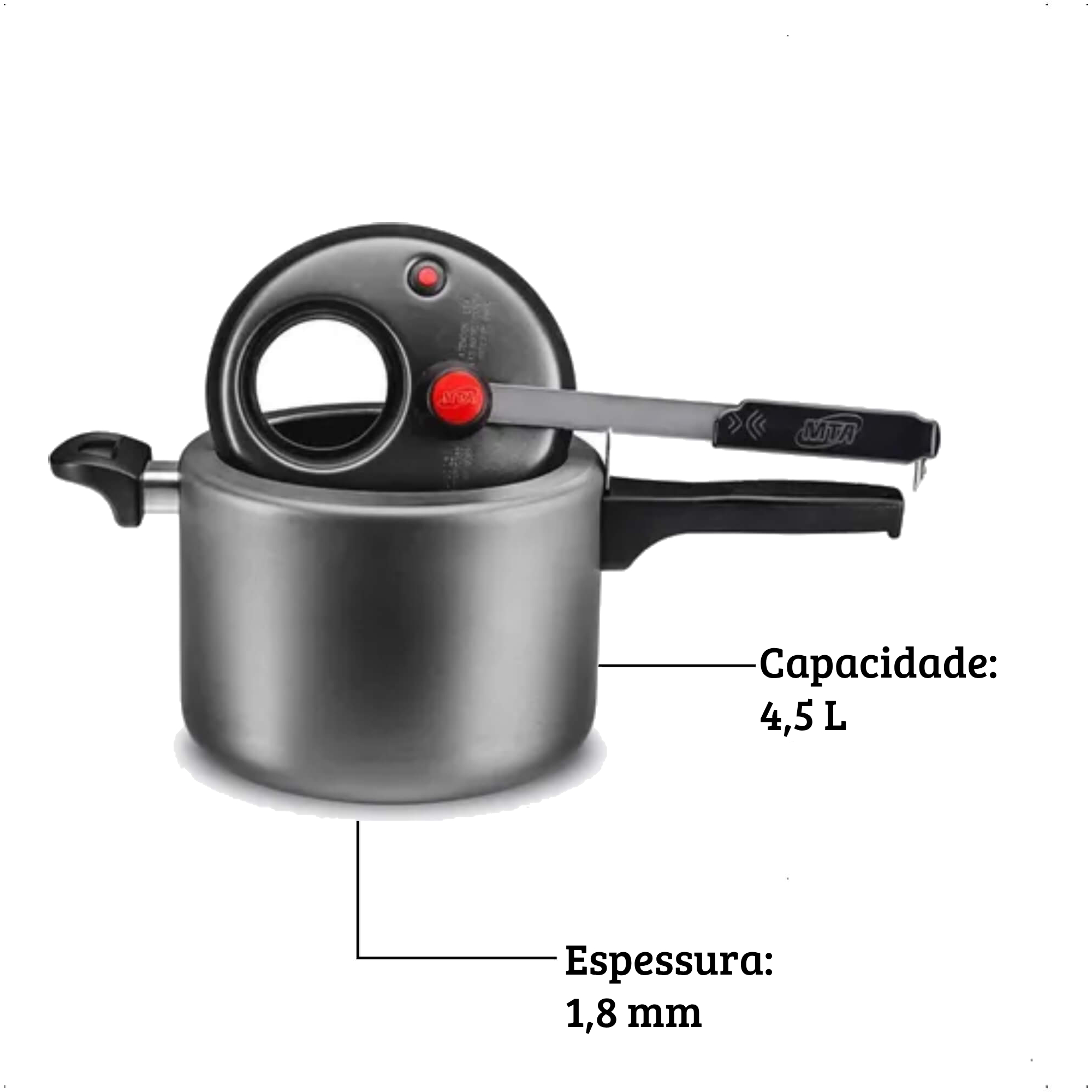 Panela de Pressão 4,5L Alumínio Antiaderente Grafite com Visor de Vidro MTA - 6000
