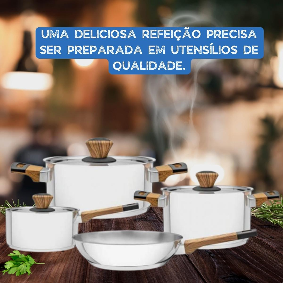 Jogo de Panelas 4 Peças Brava Baquelite Inox Cabos Alças Madeira Tramontina - 65180310