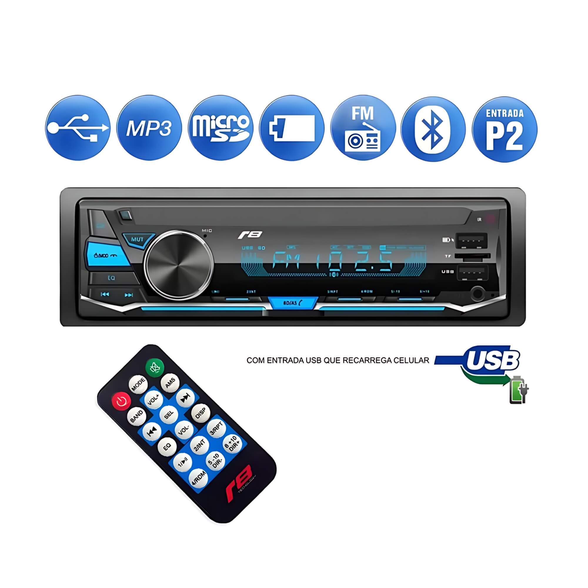 Rádio Automotivo MP3 Bluetooth/USB/FM/MicroSD LED Com Controle Remoto 1Din JR8 - JT1010BT