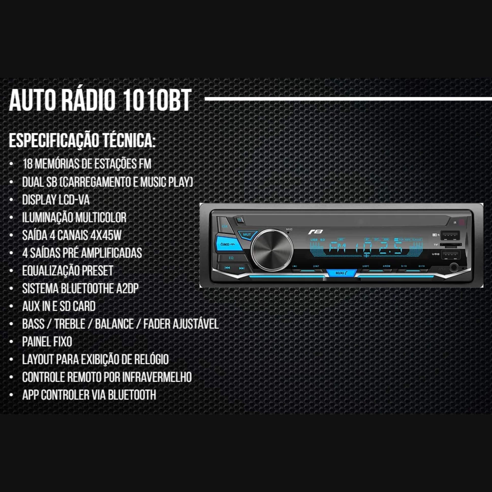Rádio Automotivo MP3 Bluetooth/USB/FM/MicroSD LED Com Controle Remoto 1Din JR8 - JT1010BT