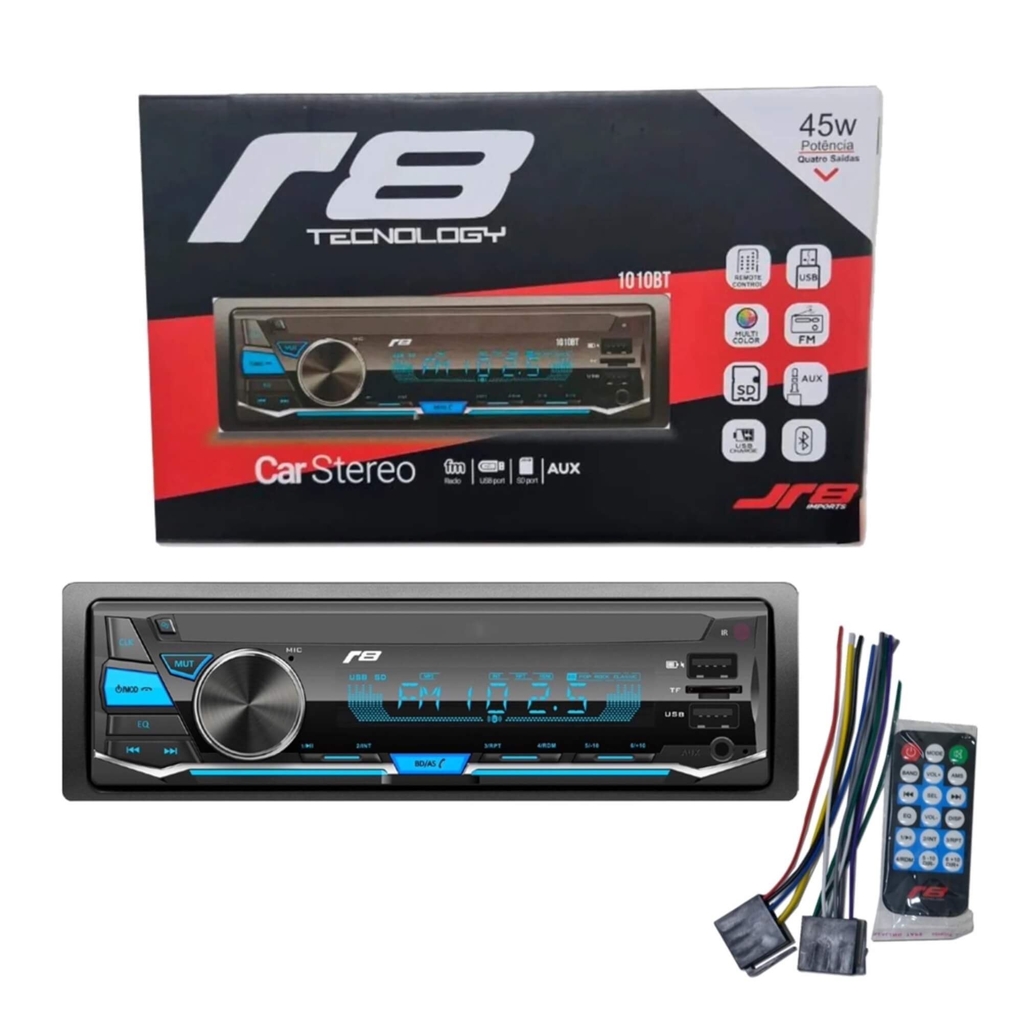 Rádio Automotivo MP3 Bluetooth/USB/FM/MicroSD LED Com Controle Remoto 1Din JR8 - JT1010BT