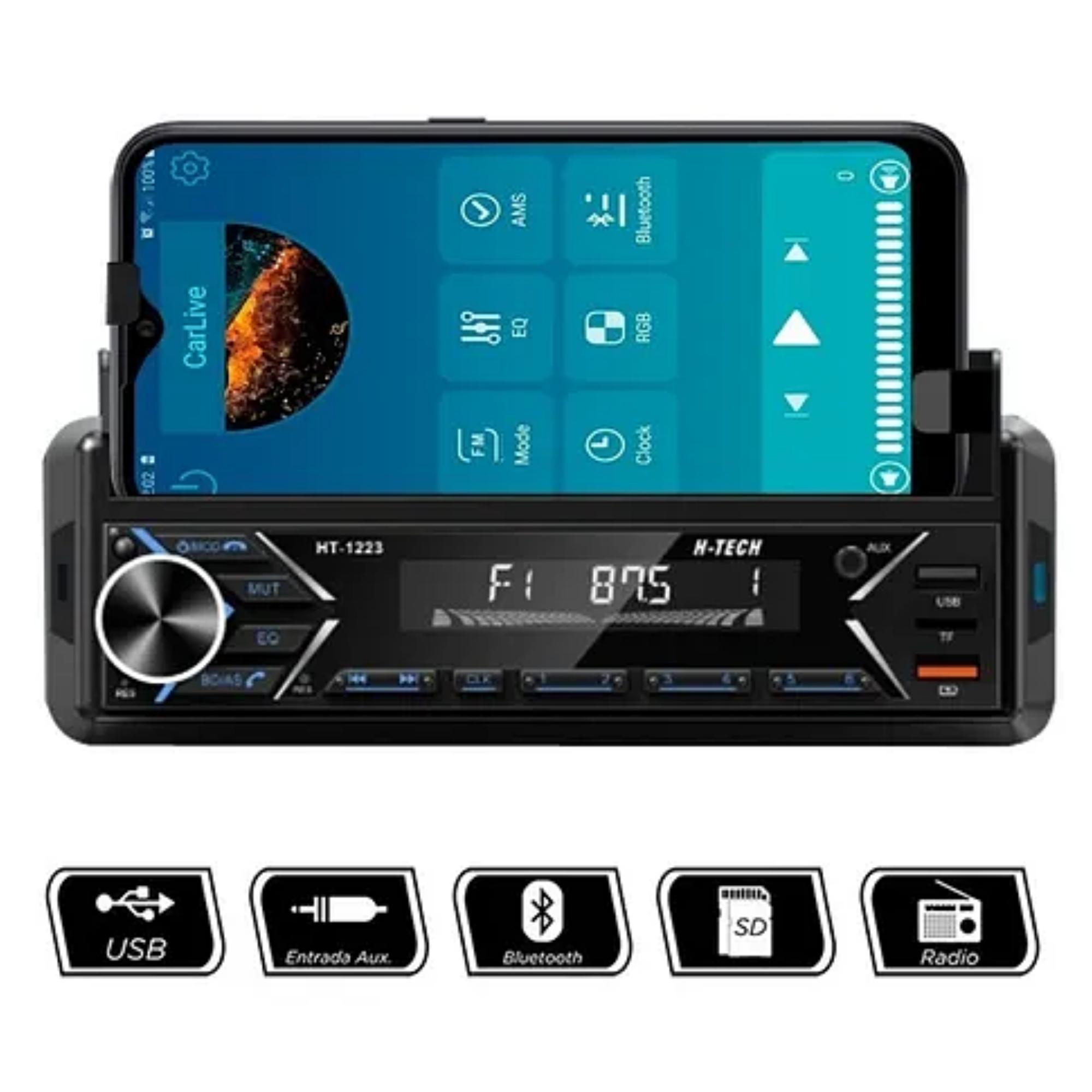 Som Automotivo Rádio Suporte para Celular com APP para Bluetooth/USB/SD/Aux H-Tech - HT-1223