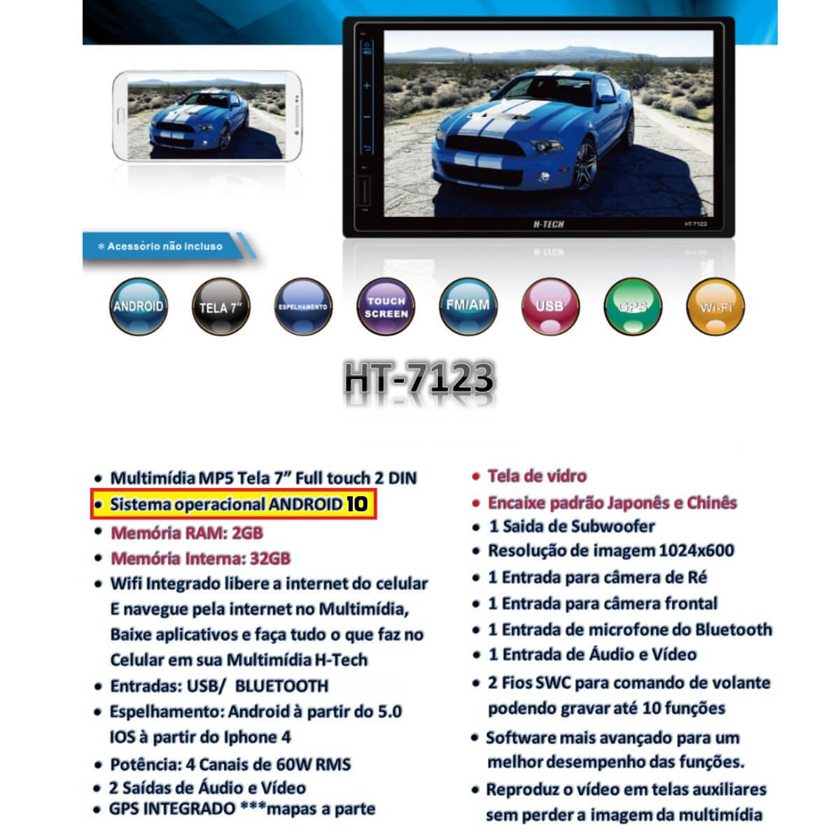 Central Multimídia 2 Din Android 10 h-tech HT-7123 Touch 7" Polegadas USB / Bluetooth / FM 32GB