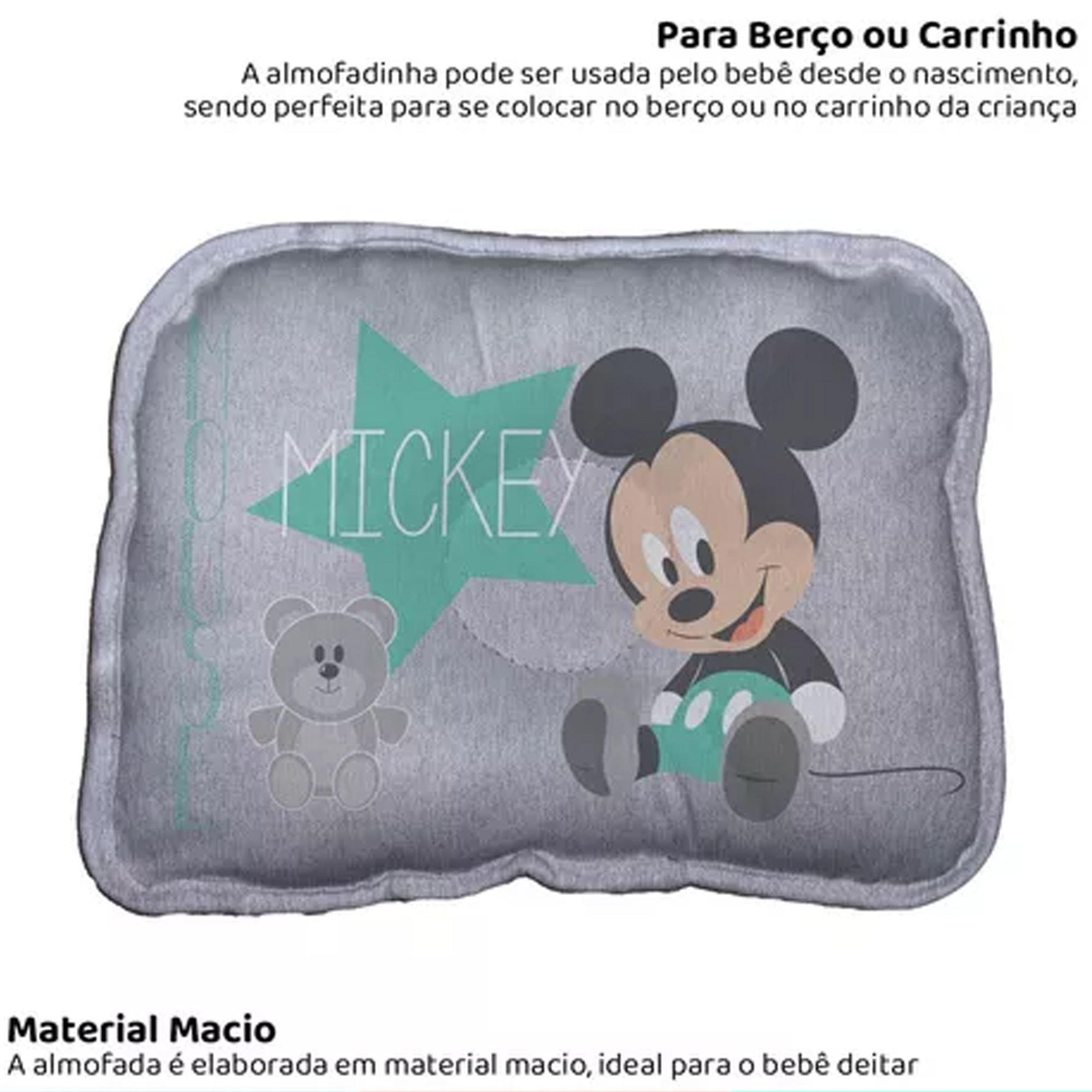 Almofada para Berço e Carrinho Recém Nascido Mickey Disney Confortável e Macia Baby Go - 03722