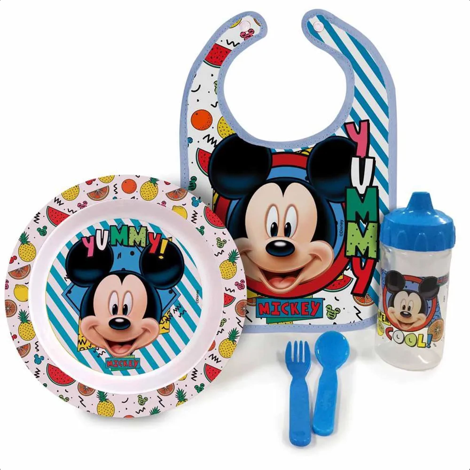 Kit A Hora Da Papinha Mickey Com Babador Porta Migalhas Copo Redutor De Pingos Baby Go - 01287