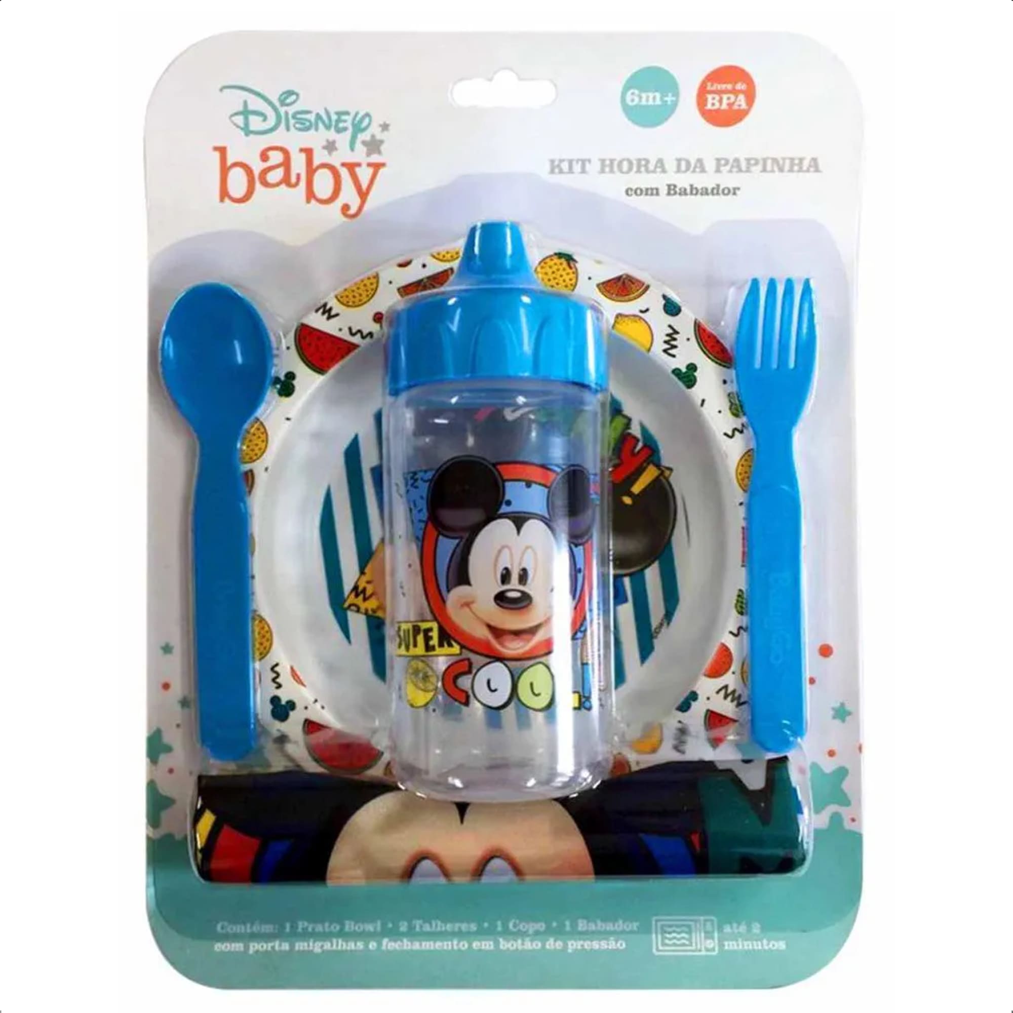 Kit A Hora Da Papinha Mickey Com Babador Porta Migalhas Copo Redutor De Pingos Baby Go - 01287