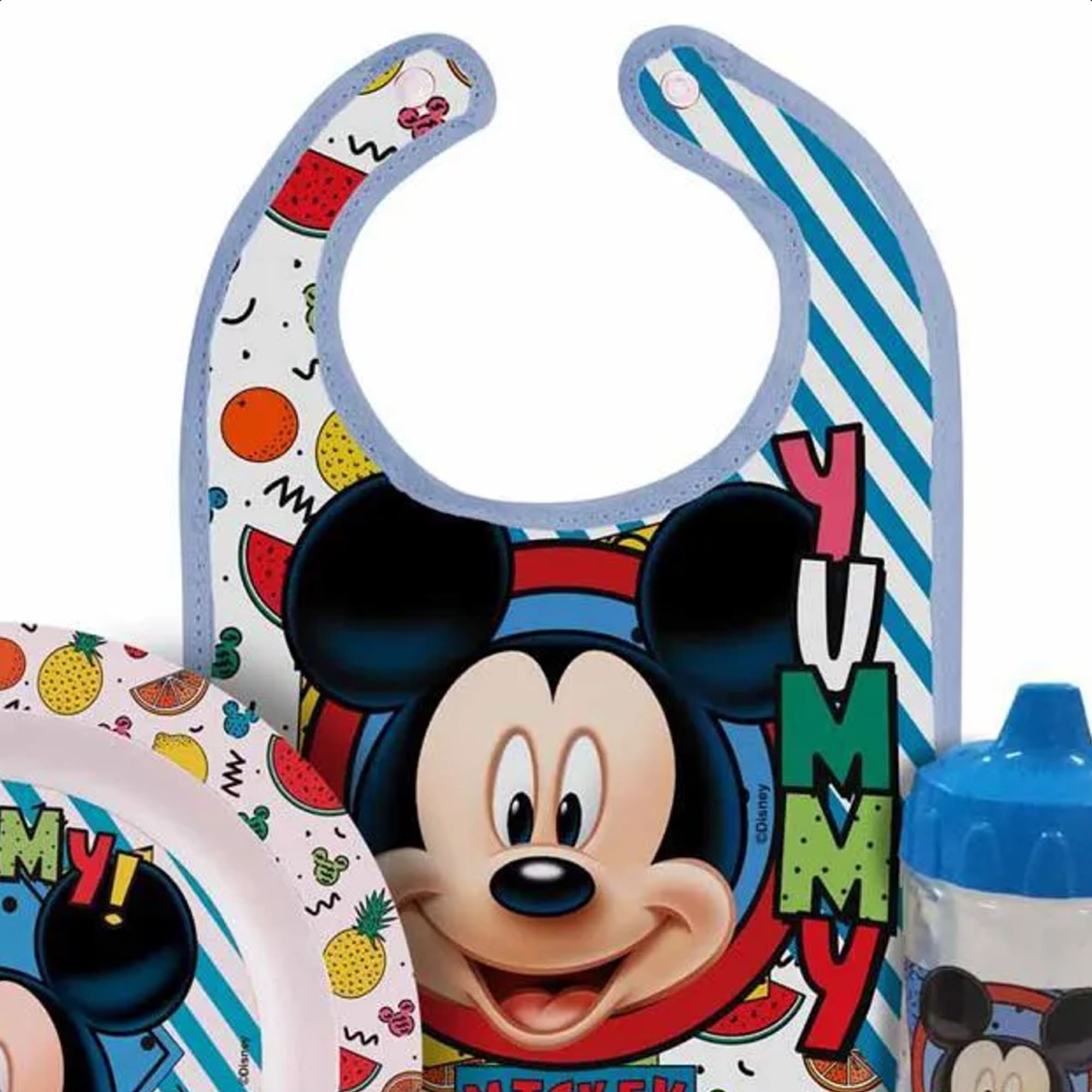 Kit A Hora Da Papinha Mickey Com Babador Porta Migalhas Copo Redutor De Pingos Baby Go - 01287