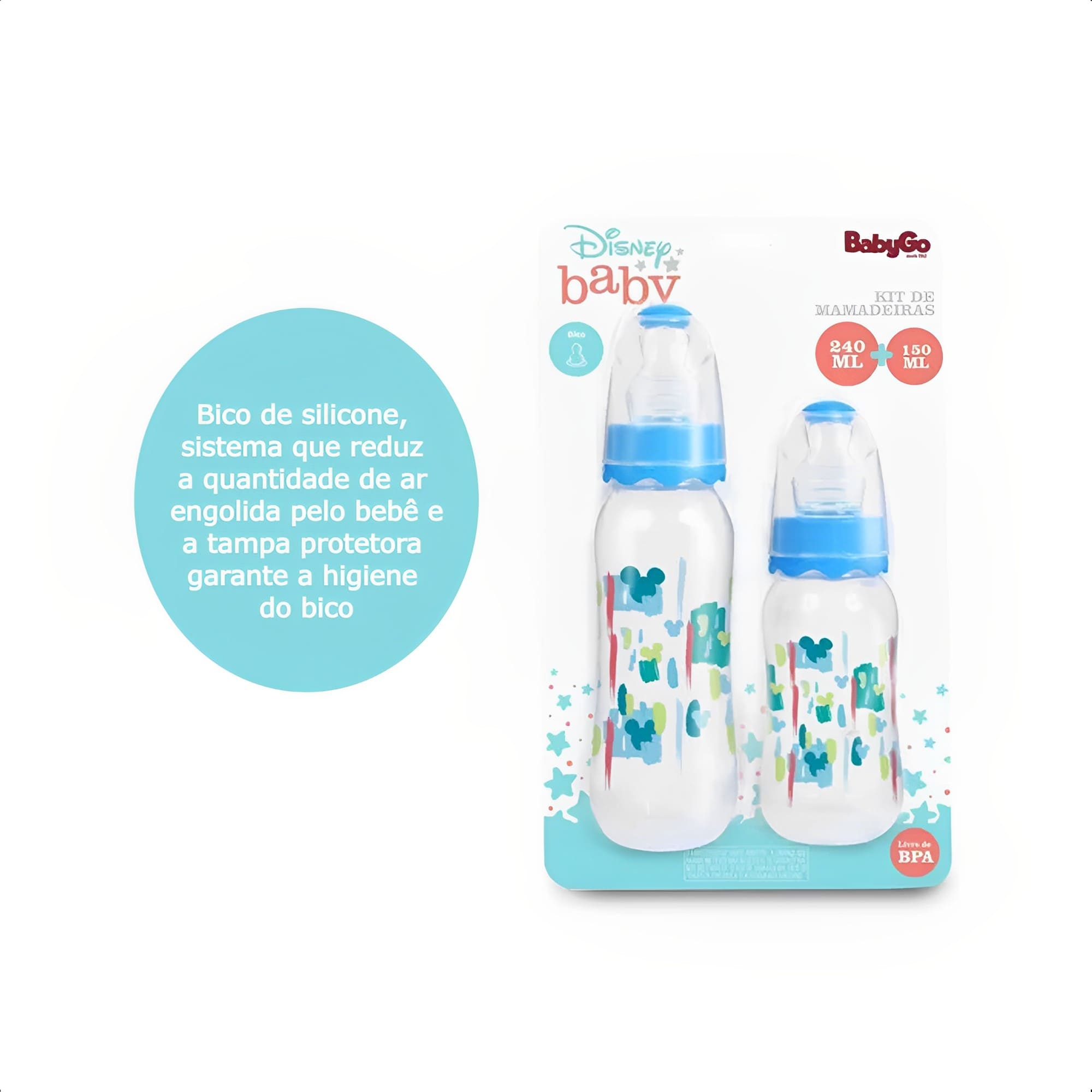 Kit Conjunto Mamadeiras 240 + 150ml Com Bico De Silicone E Tampa Protetora Minnie Baby Go - 02892